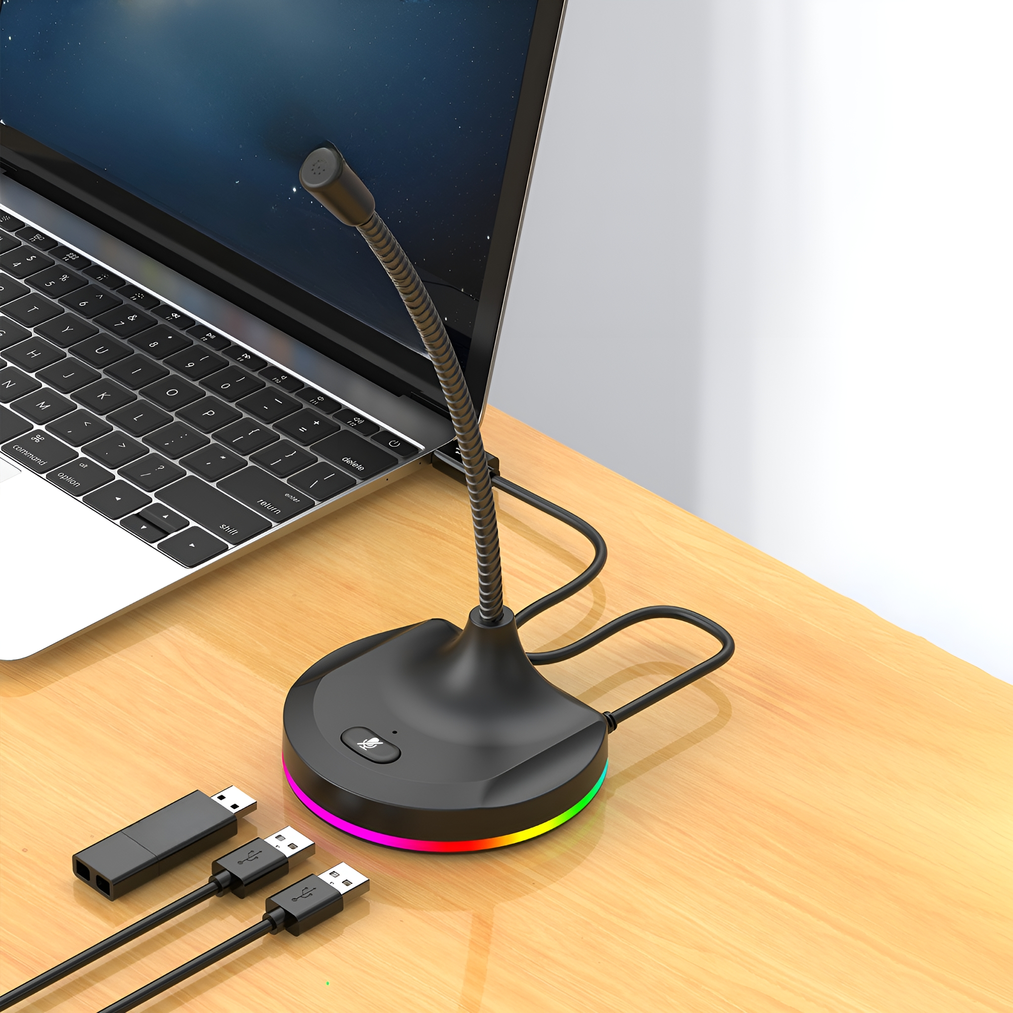 Ein schwarzes Mikrofon auf einem Schreibtisch mit Laptop und USB-Kabeln.