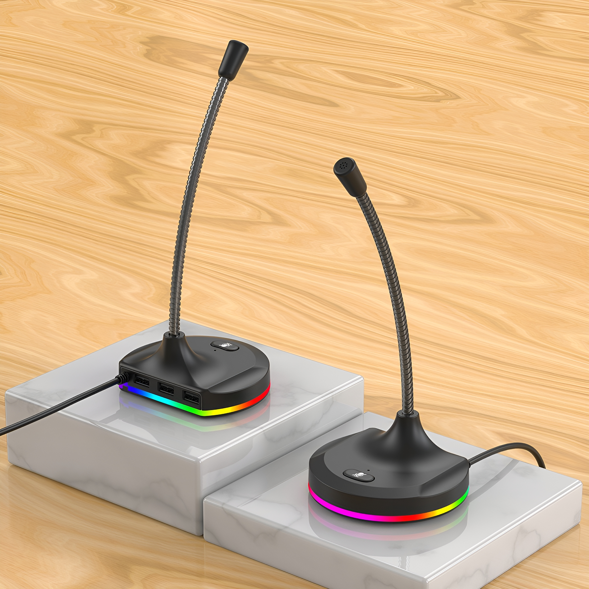 Zwei schwarze Mikrofone mit flexiblen Hälsen, auf weißen Ständern, Holz Hintergrund.