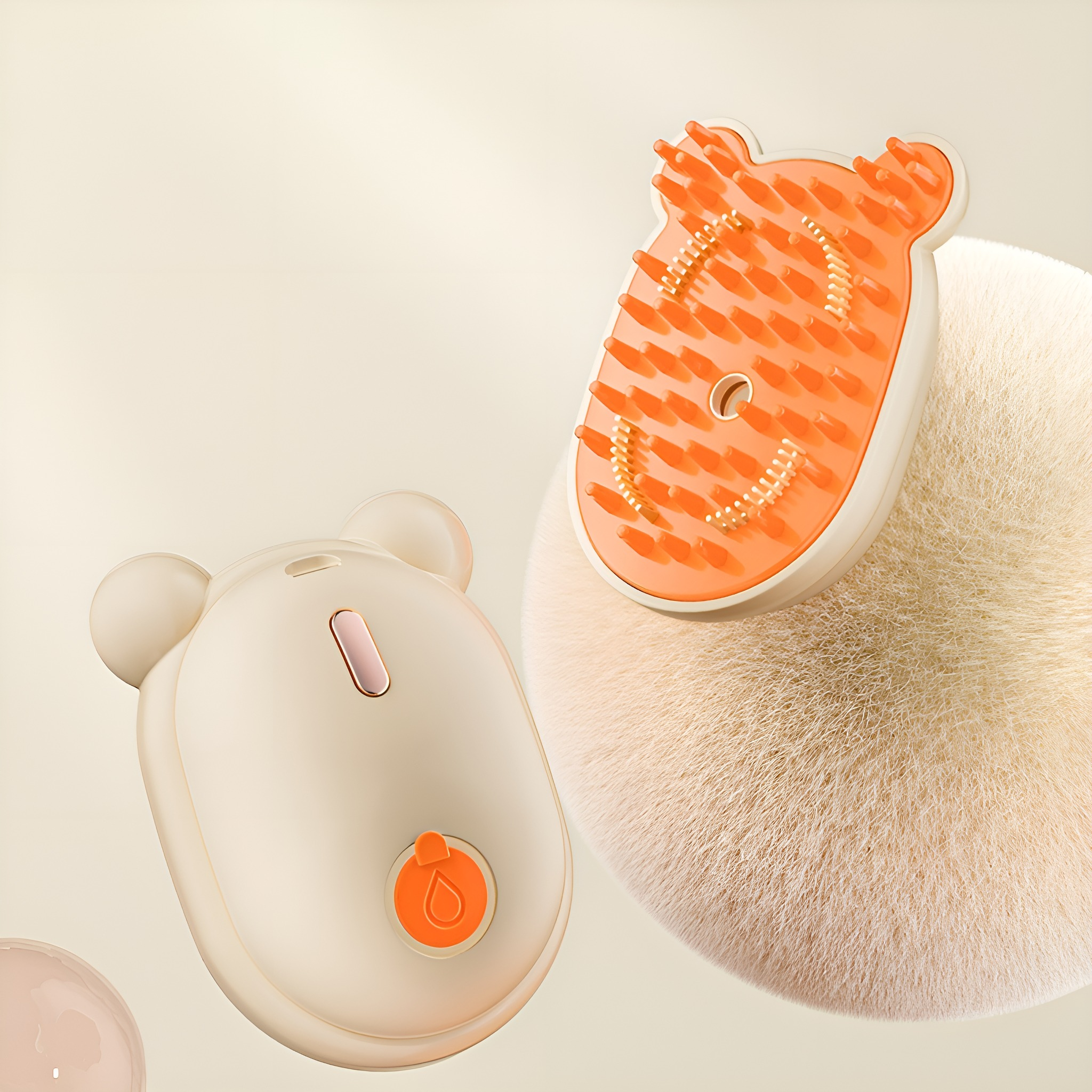 Zwei Baby-Pflegebürsten. Eine ist weiß, die andere orange. Beide sind wie ein Bär geformt.
