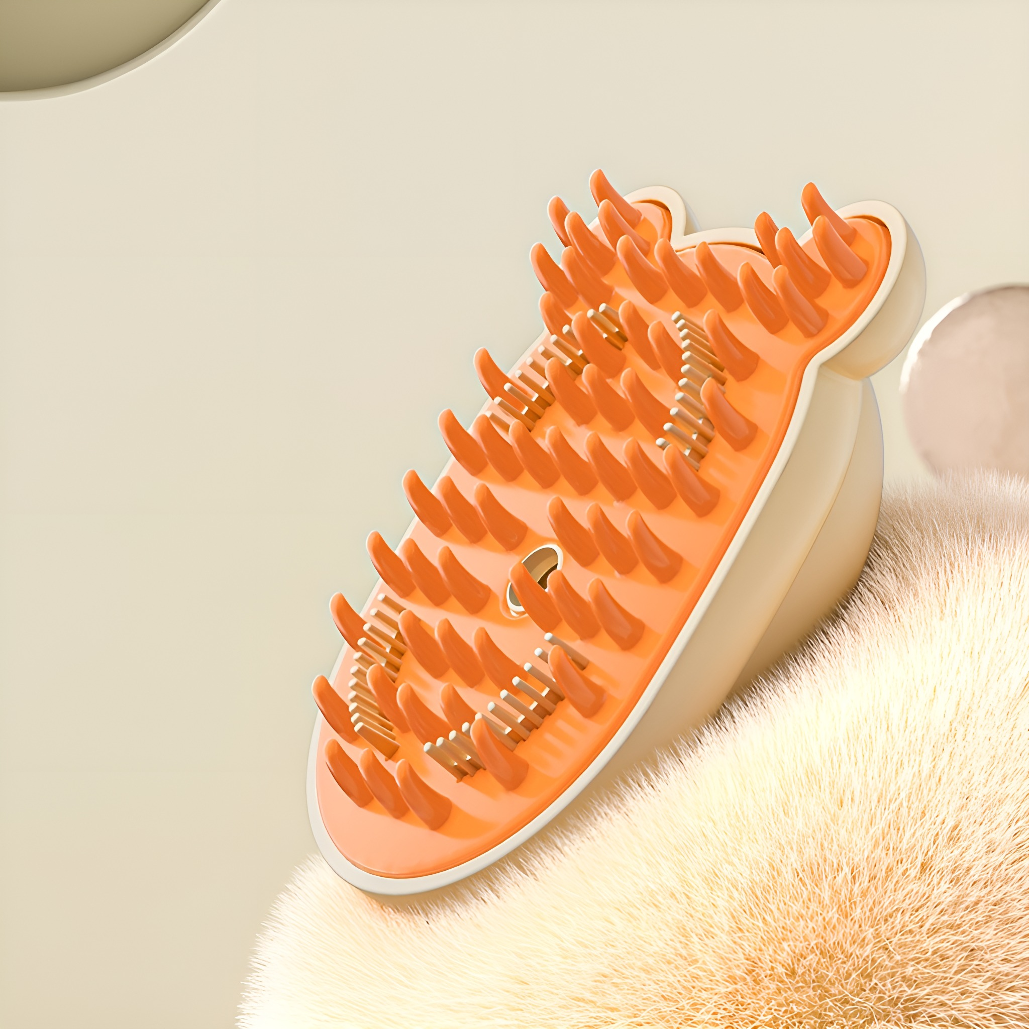 Orangene Haustierbürste mit weichen Stacheln auf flauschiger Oberfläche. Beiger Hintergrund.