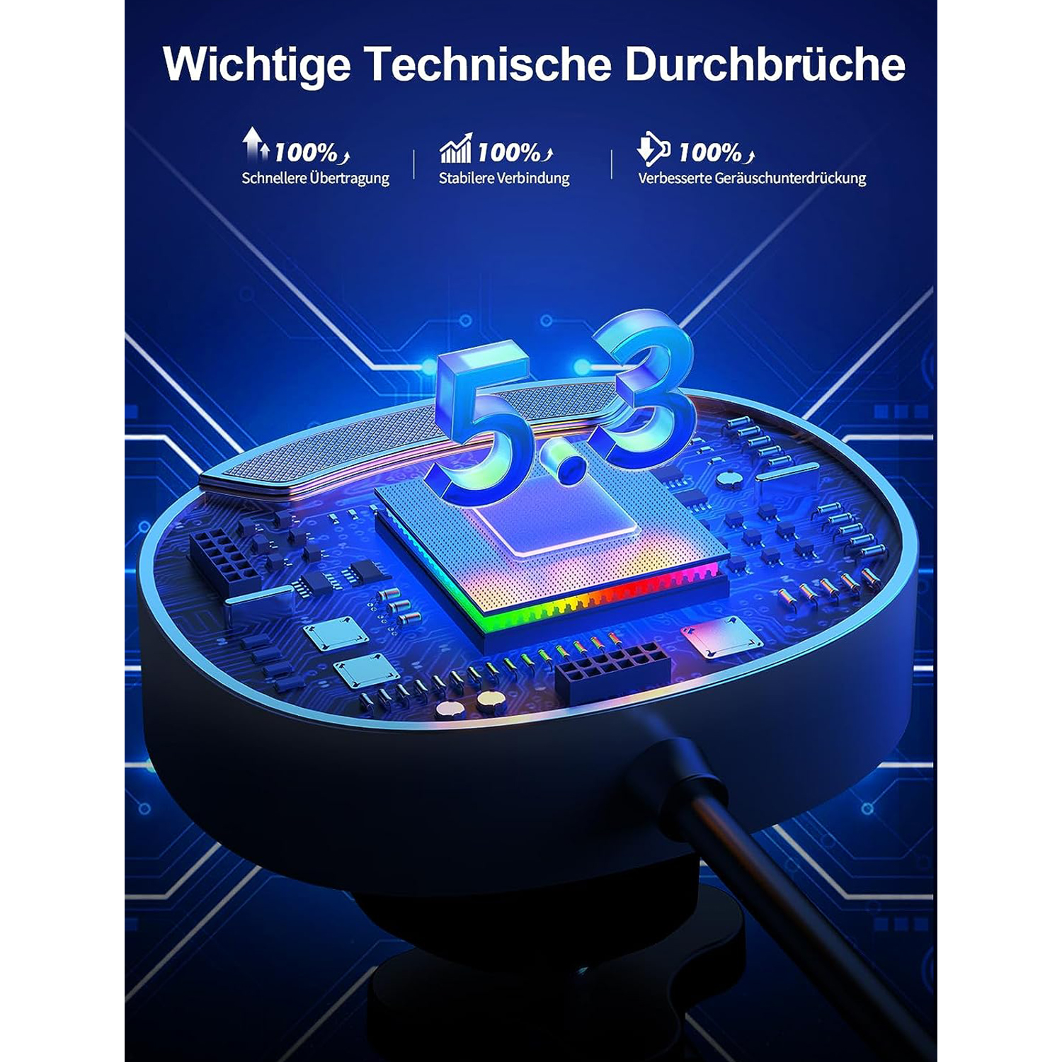 Eine Platine mit einem Chip mit der Aufschrift '5.3' und Grafiken.