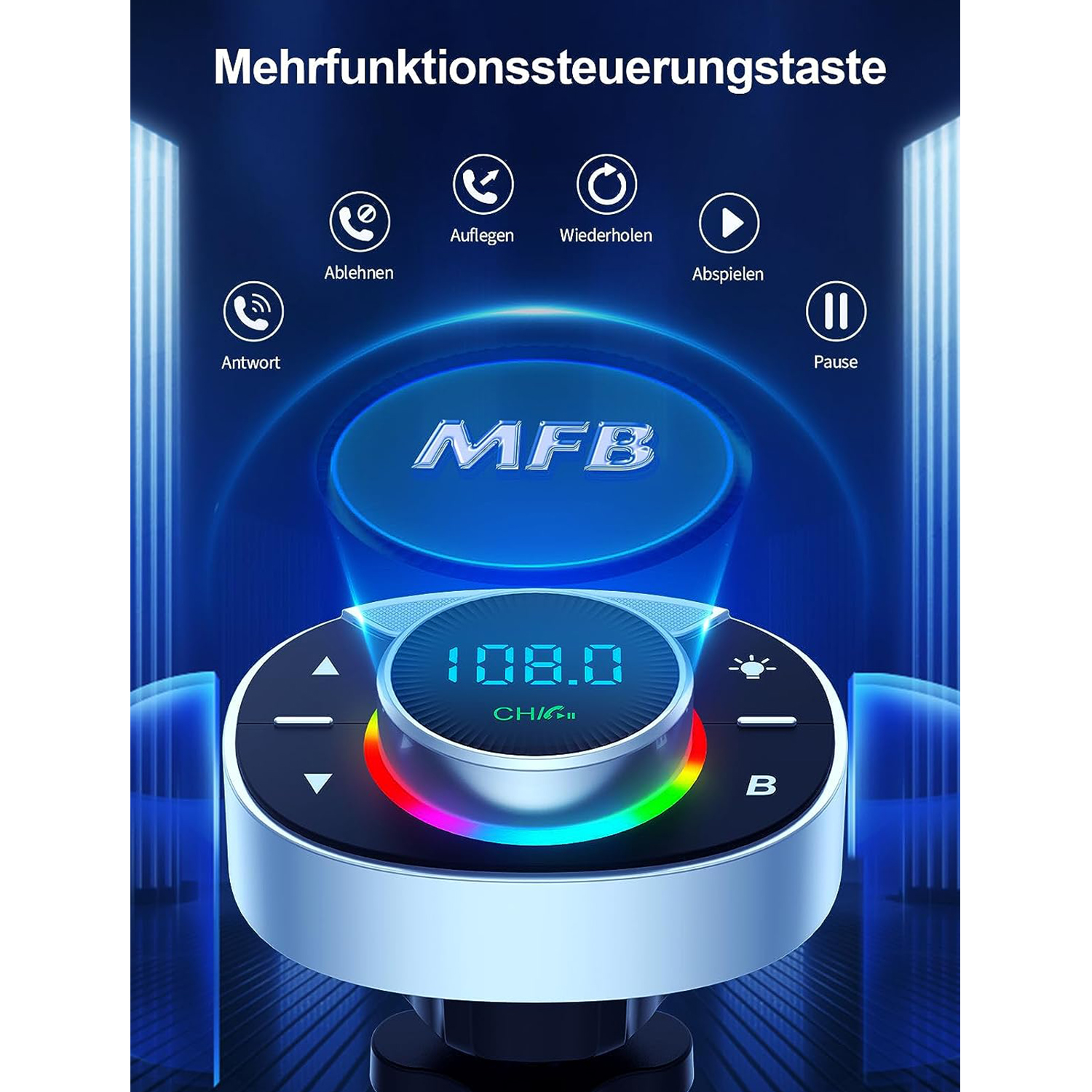 Bedienfeld mit rundem Drehregler und Tasten, mit blauem und farbigem Leuchten.