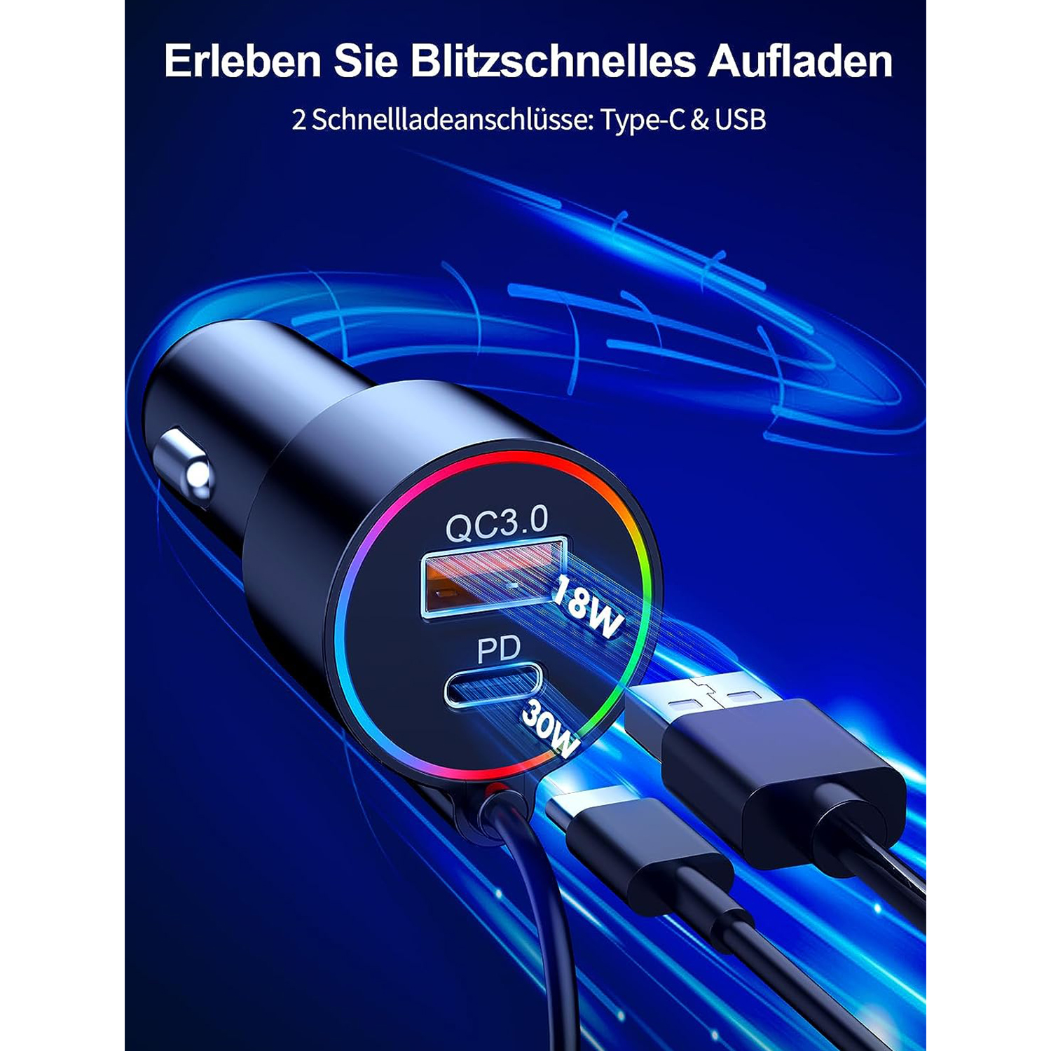 Schwarzes und blaues Autoladegerät mit zwei Ladeanschlüssen und einem USB-Kabel.