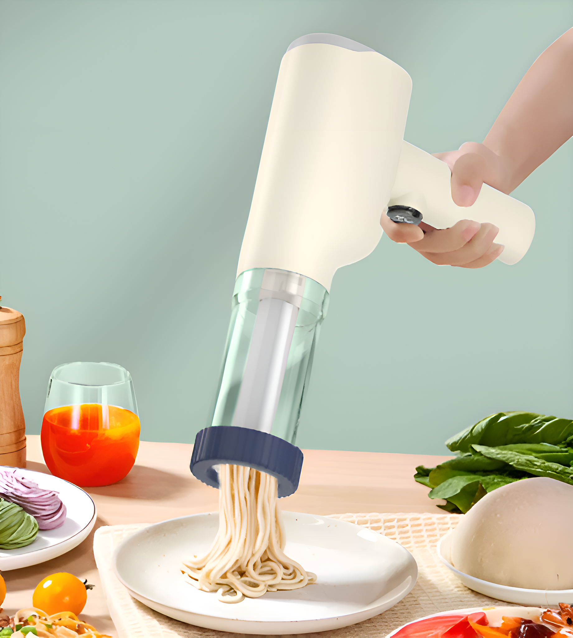 Cremefarbener Pastamaker, der Nudeln auf einen weißen Teller ausgibt, umgeben von Essen.