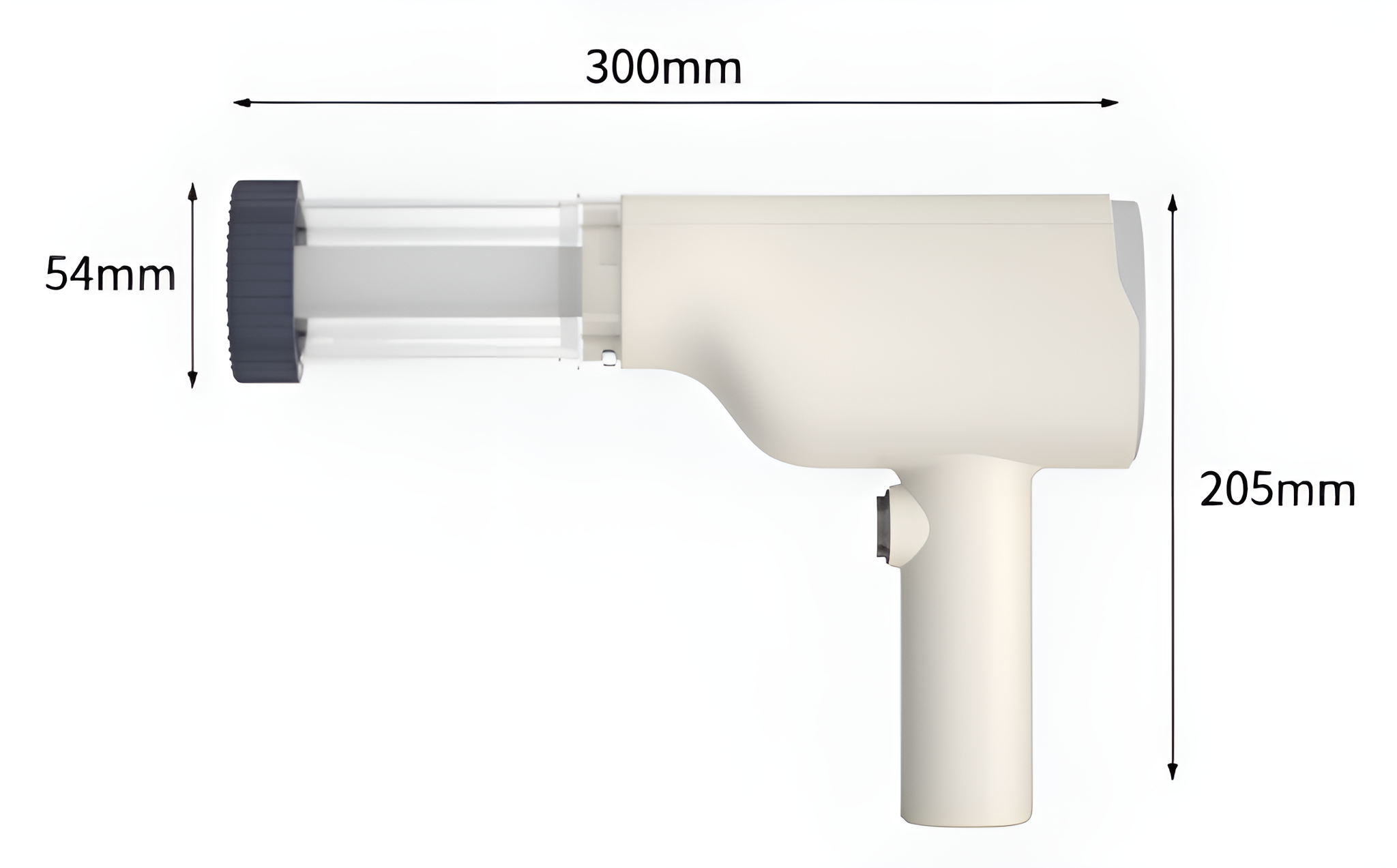 Ein weißes Handgerät mit Maßen: 300 mm, 54 mm und 205 mm auf weißem Hintergrund.