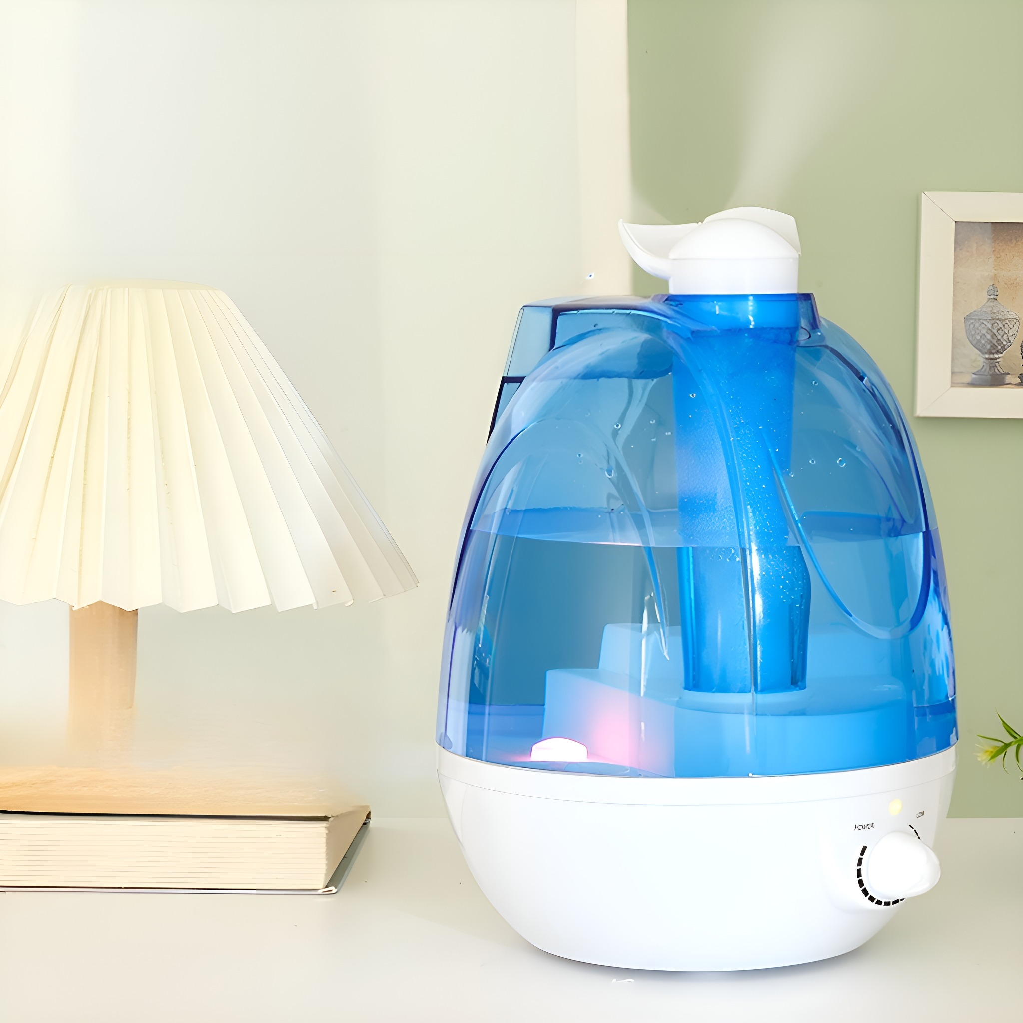 Ein weiß-blauer Luftbefeuchter mit einem durchsichtigen Wassertank. Eine Lampe und ein Buch liegen daneben.