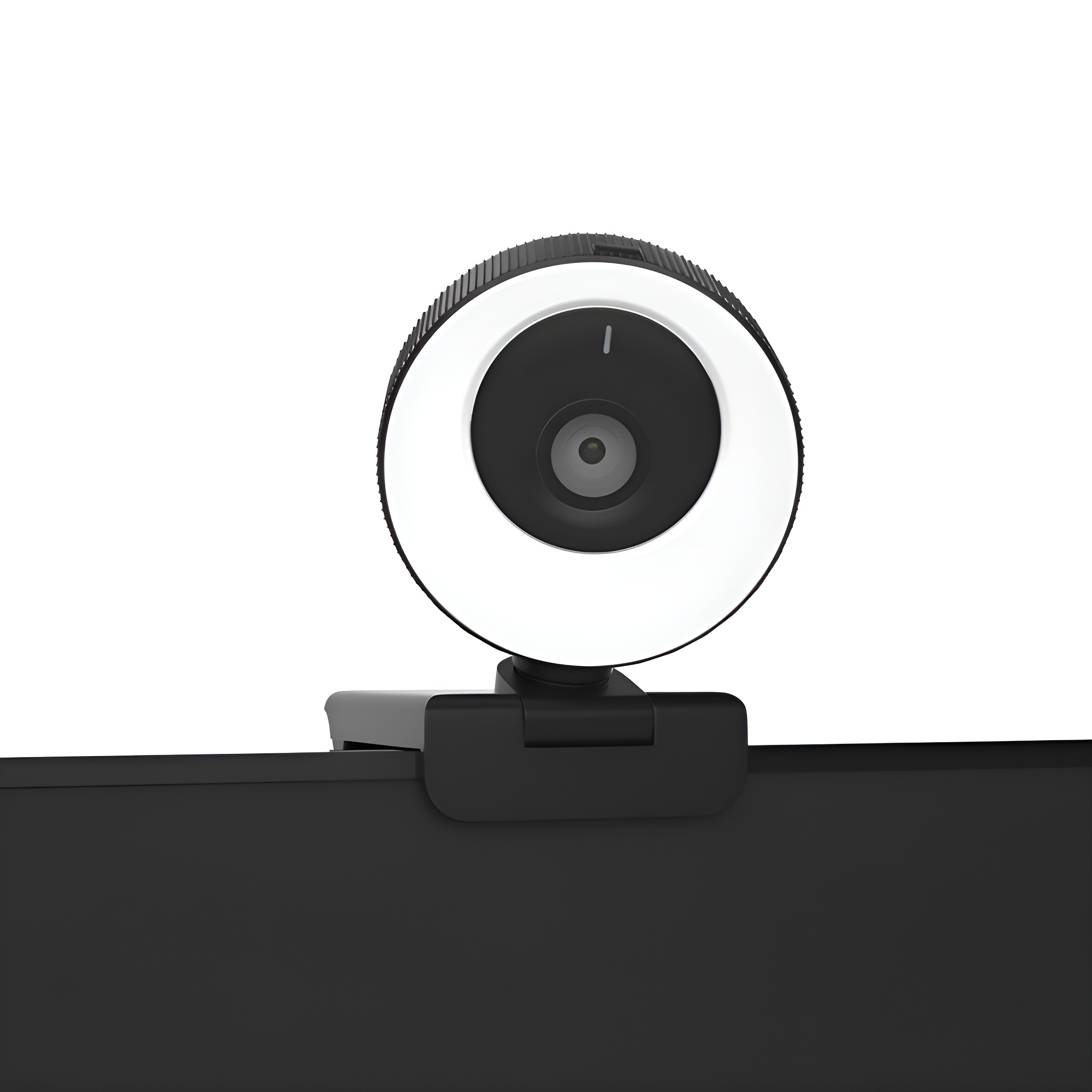 Webcam auf schwarzer Halterung. Weißer Ringlicht umgibt die Linse. Weißer Hintergrund.