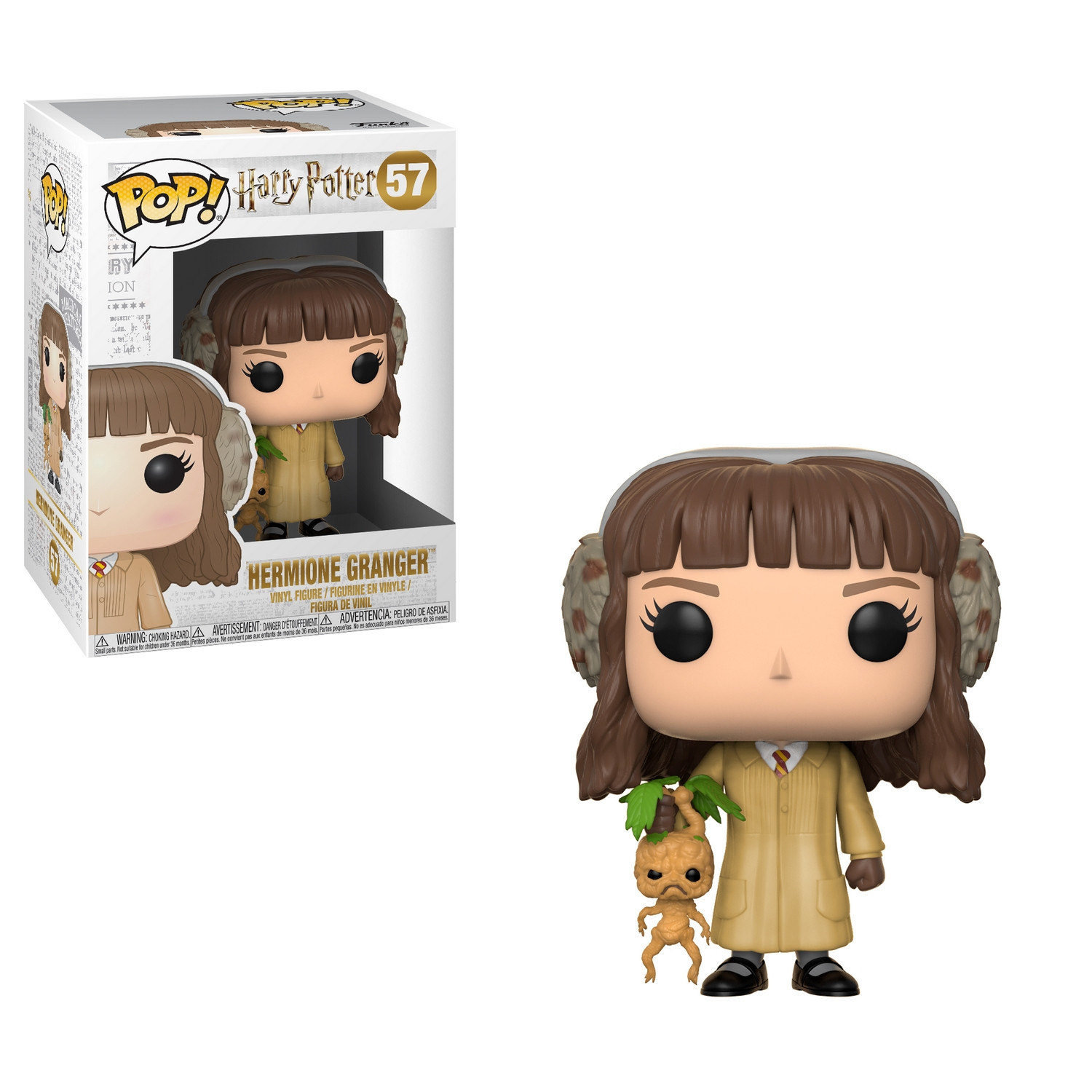 Hermine Granger Funko Pop Figur mit Box. Sie trägt einen Mantel und Ohrenschützer, hält eine Alraune.