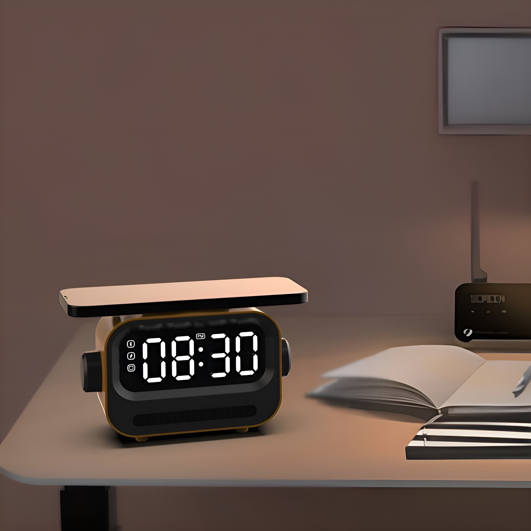 Ein Wecker zeigt 08:30 auf einem Schreibtisch mit Telefon, Buch und Lampe. Der Raum ist schwach beleuchtet.