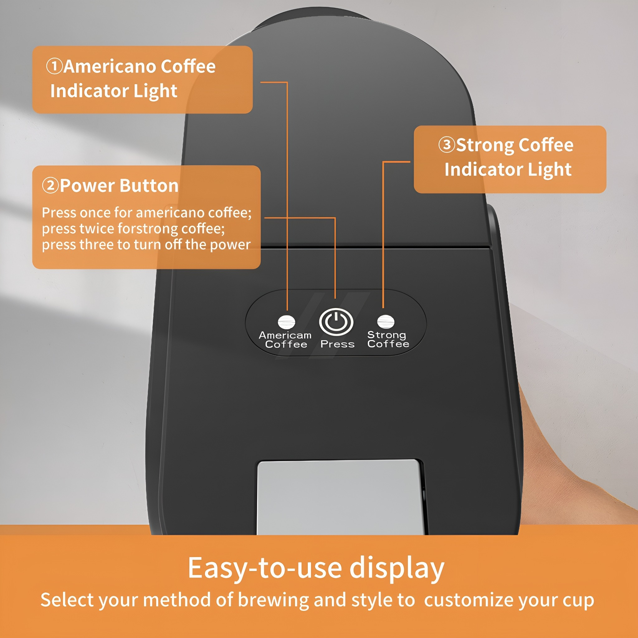 Nahaufnahme eines schwarzen Bedienfelds einer Kaffeemaschine. Es hat Tasten für Kaffeestärke und Leistung.