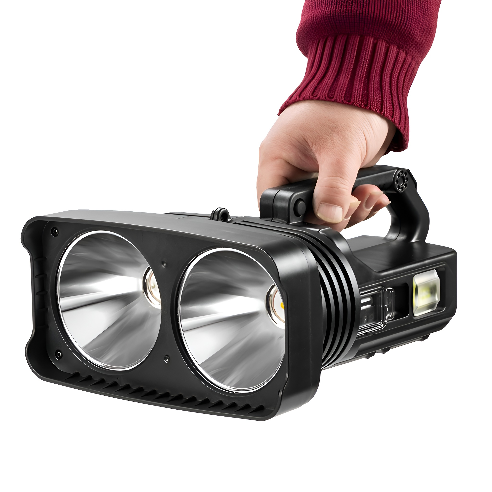 Eine Hand hält eine schwarze Taschenlampe mit zwei hellen Lichtern. Die Taschenlampe hat einen schwarzen Griff.