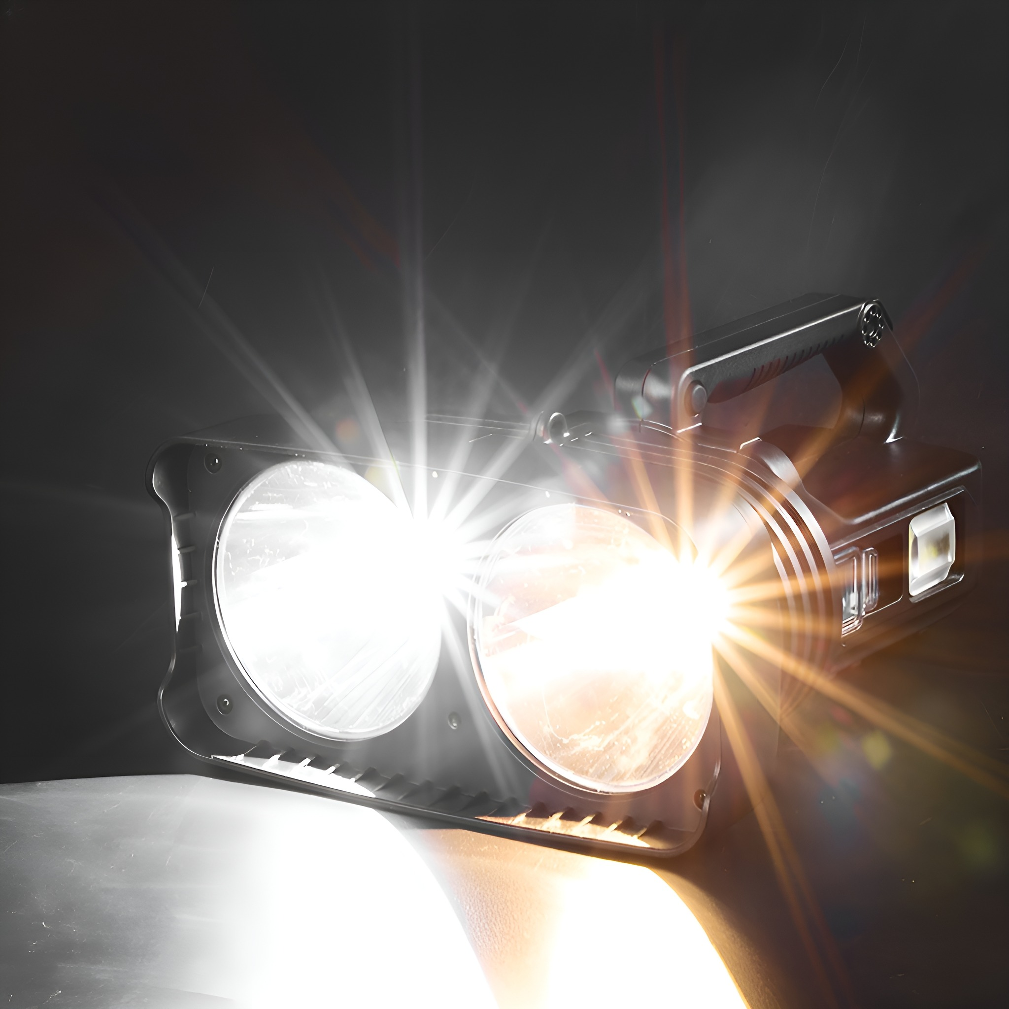 Ein Scheinwerfer mit zwei hellen Lichtern. Die Lichter sind weiß und haben einen Sternen-Effekt.