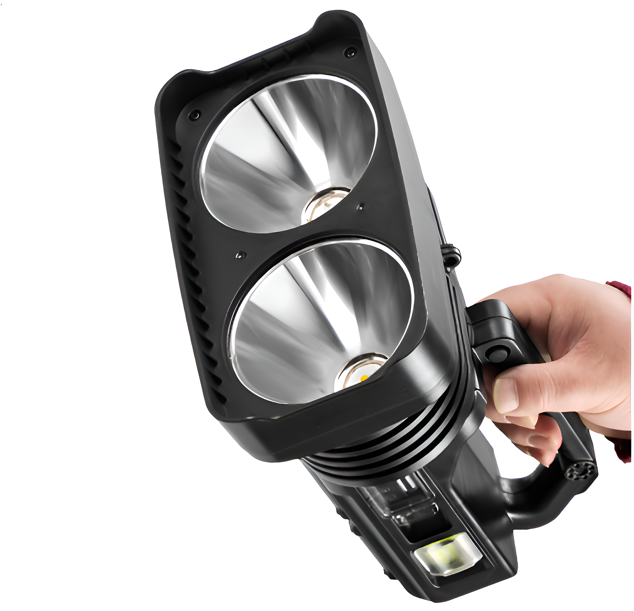 Schwarze Taschenlampe mit zwei hellen Lichtern, die von einer Hand gehalten wird.