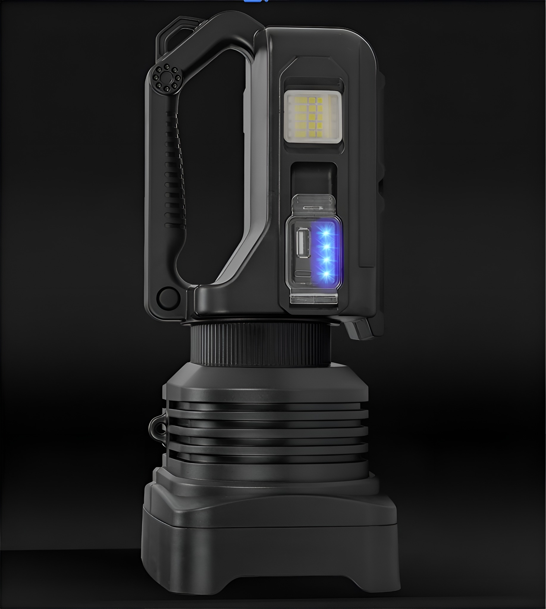 Schwarze Taschenlampe mit Griff und LED-Leuchten. Der Sockel ist groß und geriffelt. Das Licht hat blaue Kontrollleuchten.