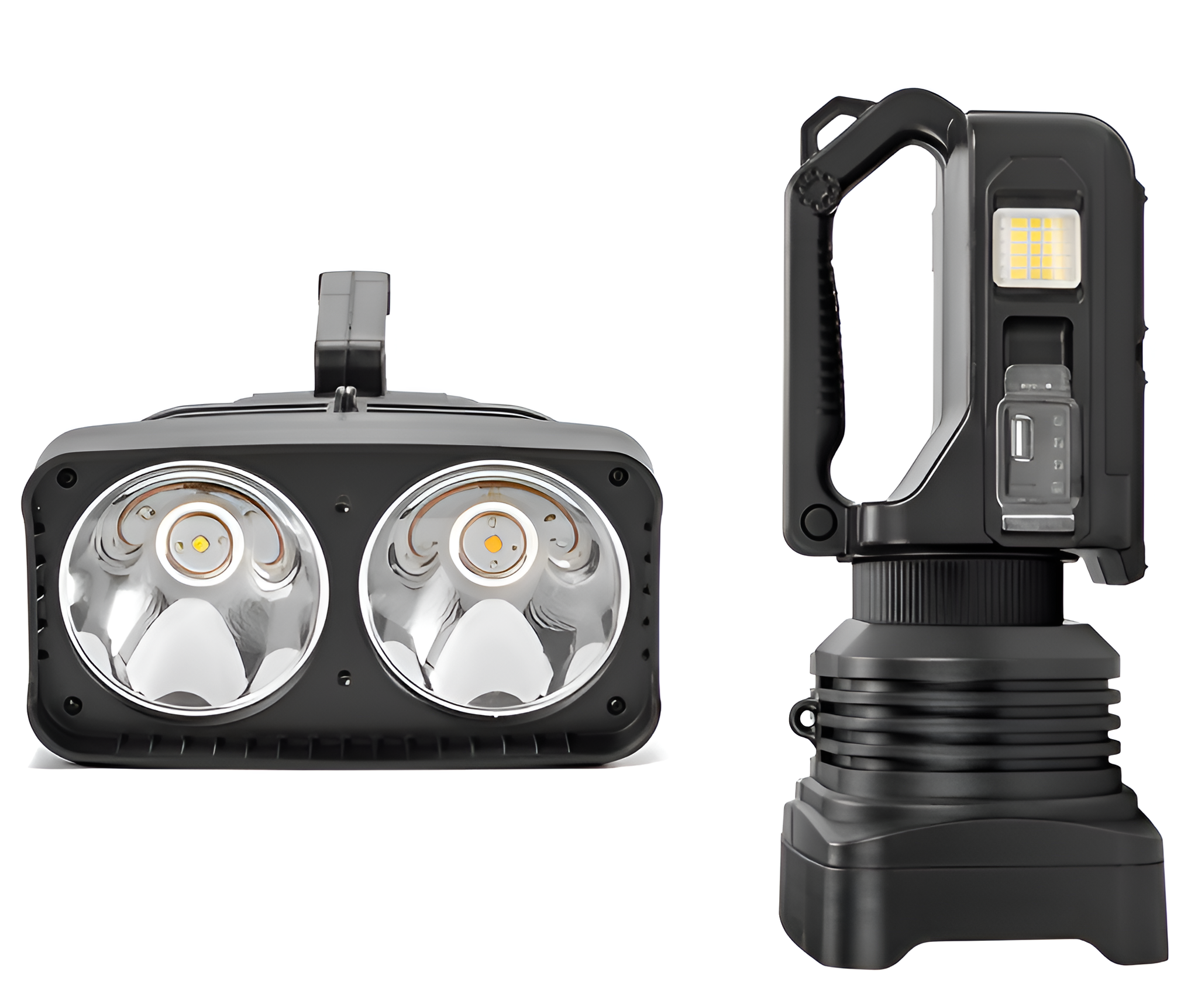 Schwarze Taschenlampe mit zwei großen Lampen, Griff und Seite mit zusätzlichem Licht und USB-Anschluss.