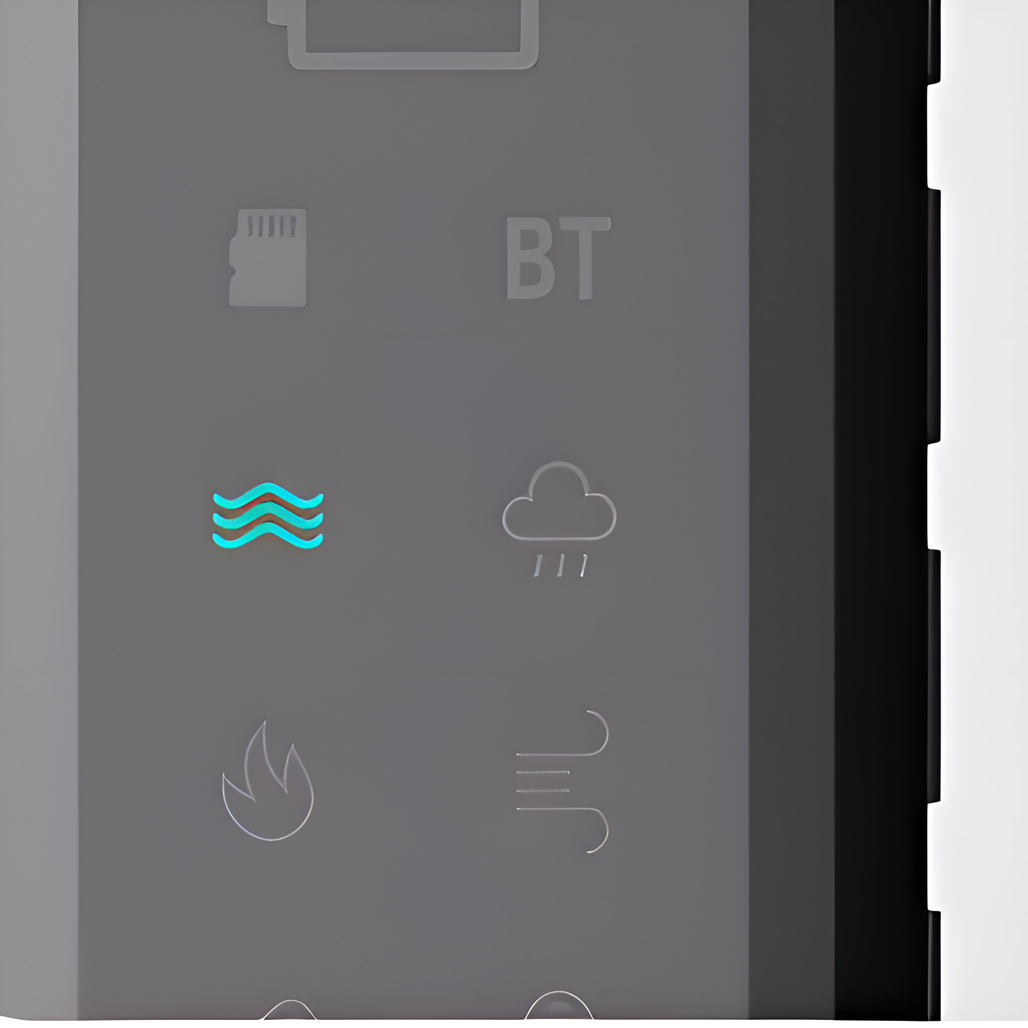 Nahaufnahme einer Geräteschnittstelle mit Symbolen für Speicherkarte, Bluetooth, Wellen, Regen, Feuer und Wind.