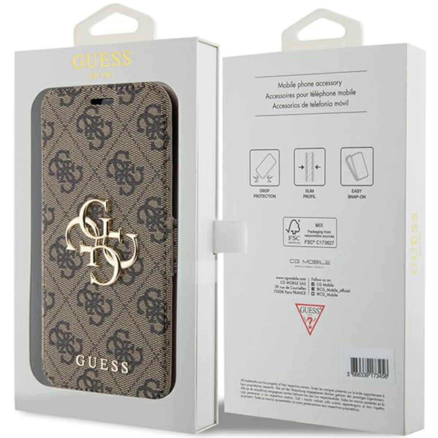 Una custodia per telefono Guess in una scatola. La custodia ha un motivo marrone con il logo Guess in oro.
