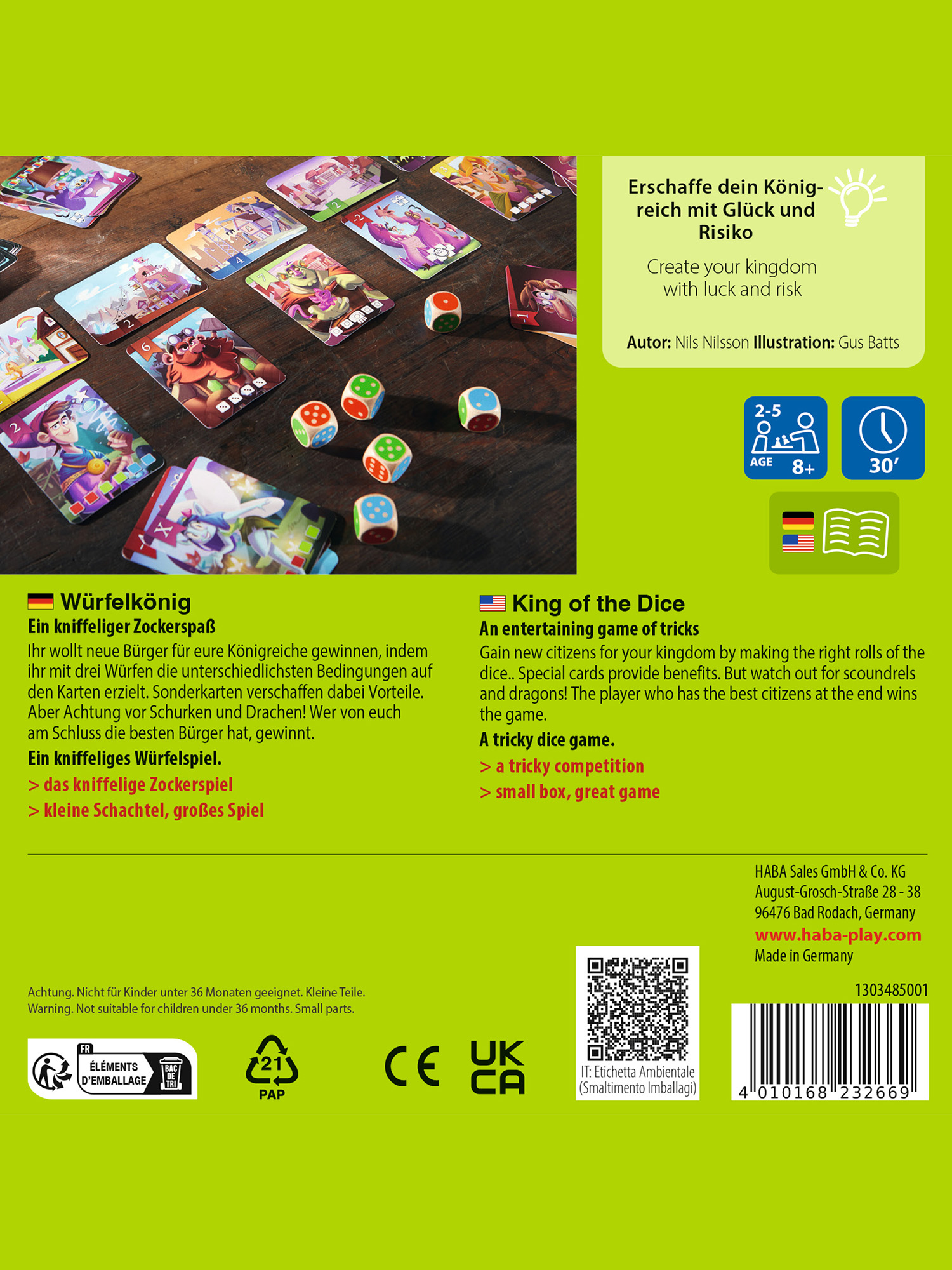 Brettspiel-Box mit Karten, Würfeln und Anweisungen. Enthält Spieletitel und Illustrationen.