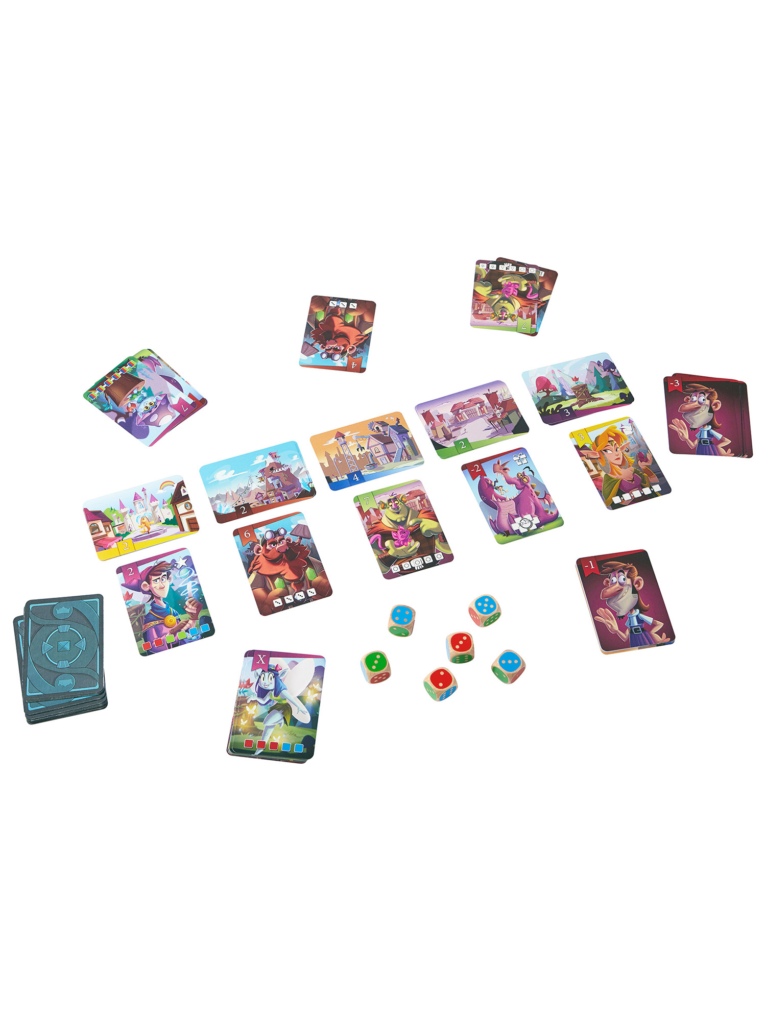 Eine Sammlung von Spielkarten und Würfeln, mit verschiedenen Cartoon-Charakteren.