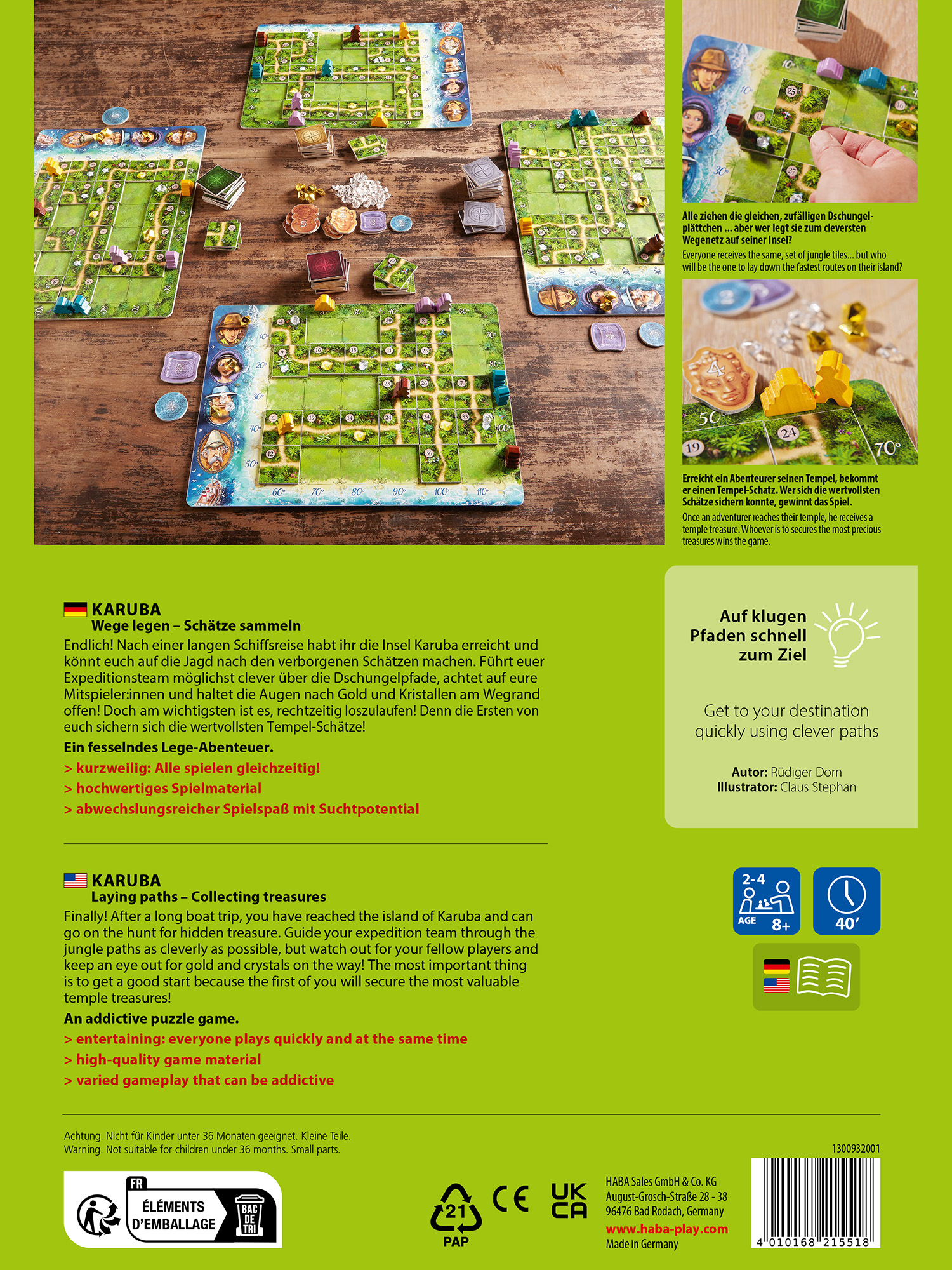 Brettspiel mit Spielfiguren auf einer Holzoberfläche. Text und Illustrationen sind enthalten.