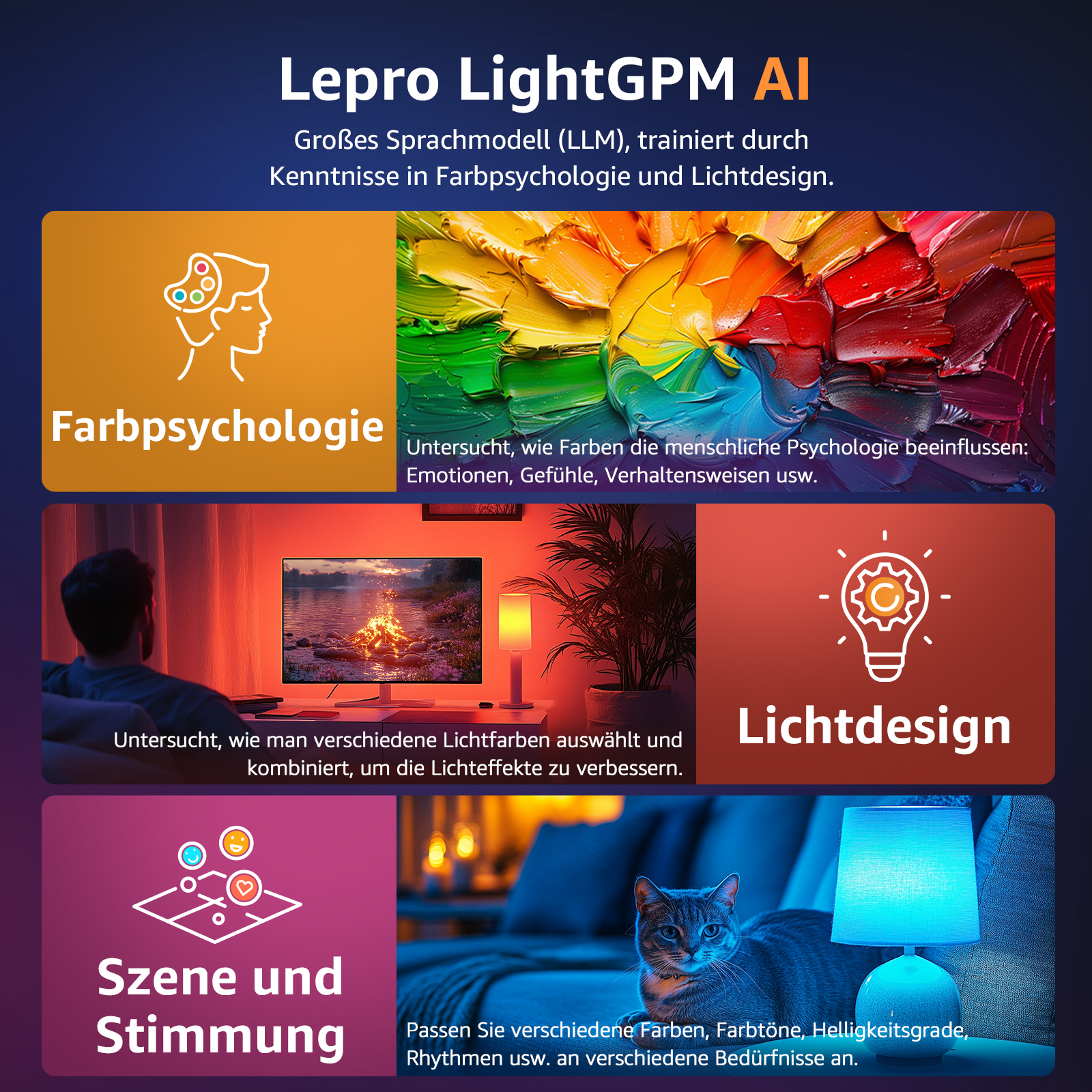 Infografik über KI, Farbpsychologie, Lichtdesign und Szenen, mit zugehörigen Icons und Bildern.
