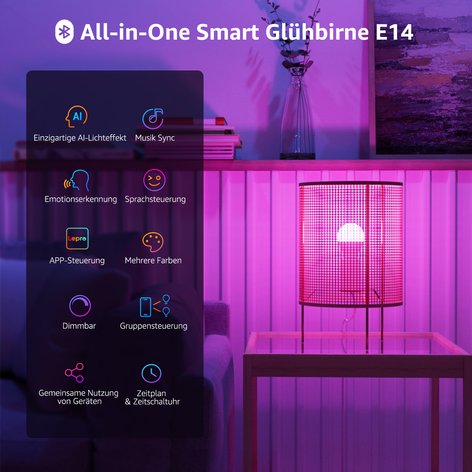 Smarte Glühbirne E14 mit Symbolen und Text. Sie befindet sich in einer Lampe auf einem Glastisch mit rosa Beleuchtung.