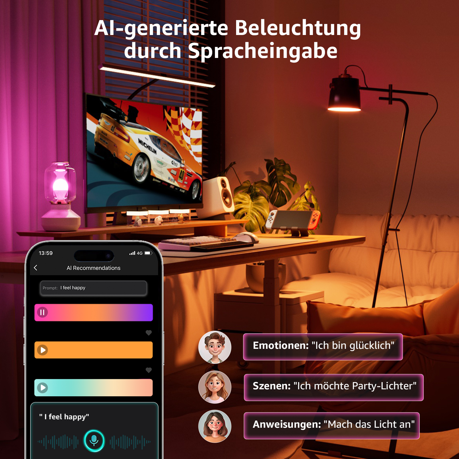 Raum mit intelligenter Beleuchtung, gesteuert von einer Telefon-App. Person stellt Farben und Szenen ein.