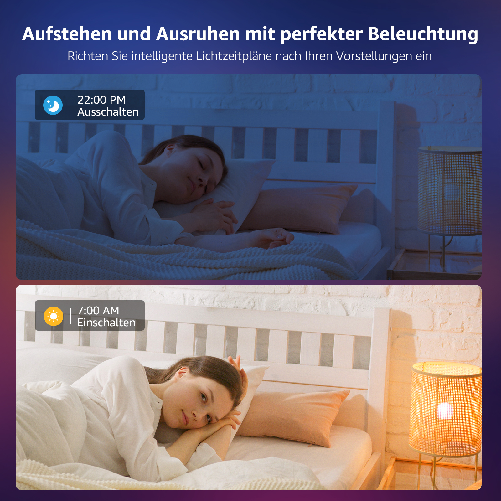 Eine Schlafzimmerszene mit zwei Betten. Ein Bett hat eine schlafende Frau, das andere eine wache Frau.
