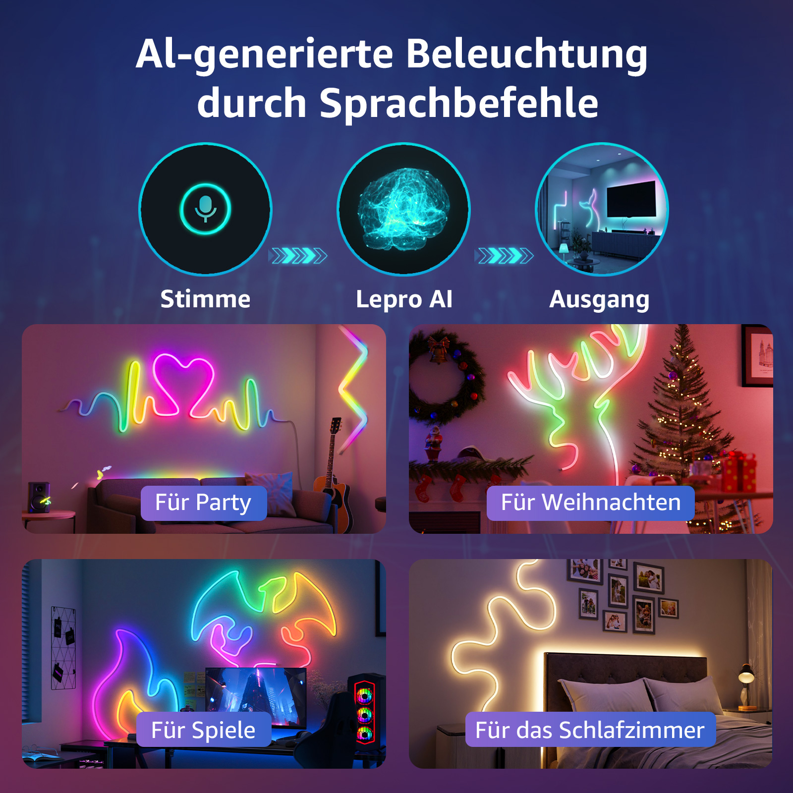 Bilder mit bunten Neonlichtern in Form eines Herzschlags, eines Gehirns und Raumdekorationen.