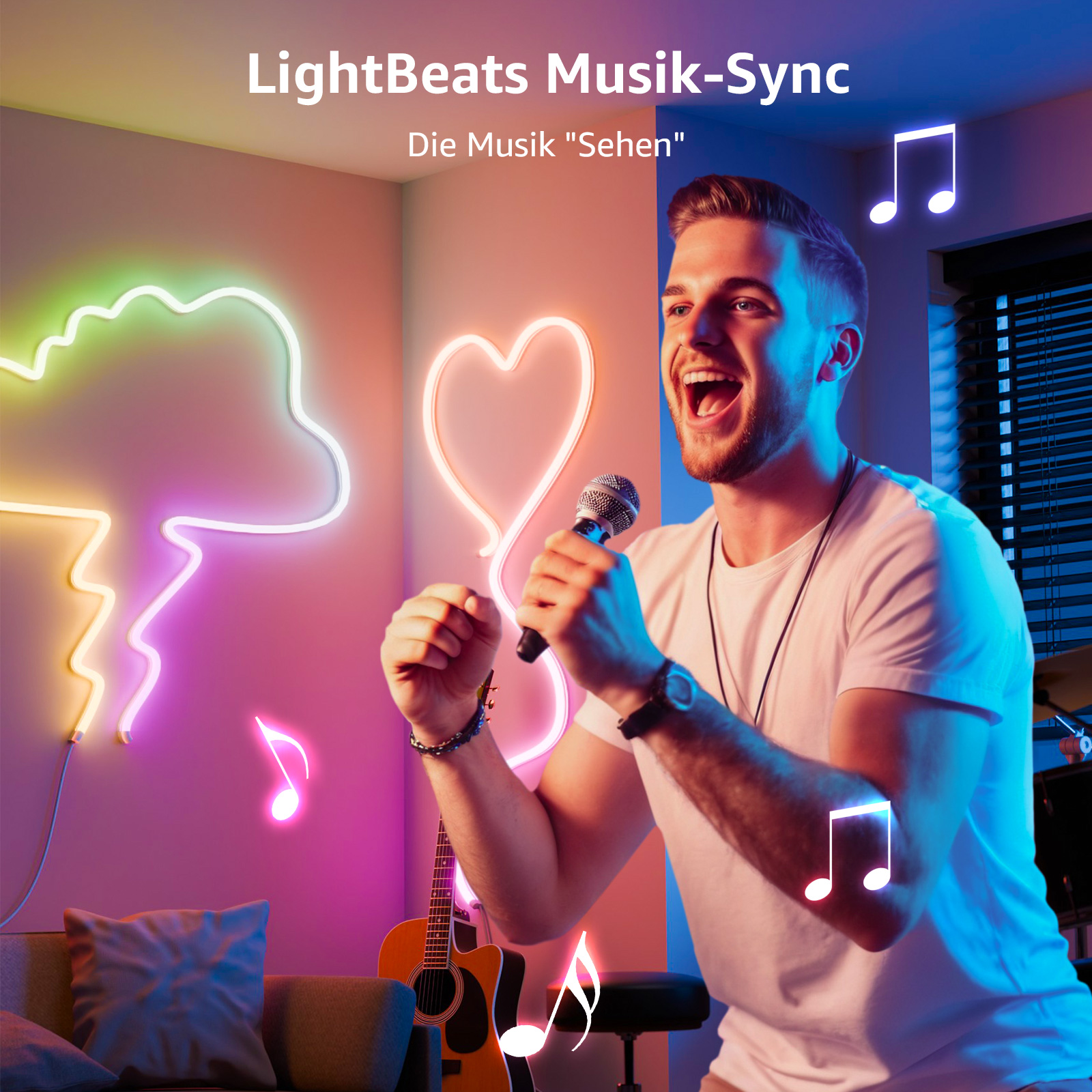 Mann singt in ein Mikrofon mit Neonlichtern und Noten im Hintergrund. Eine Akustikgitarre ist ebenfalls vorhanden.