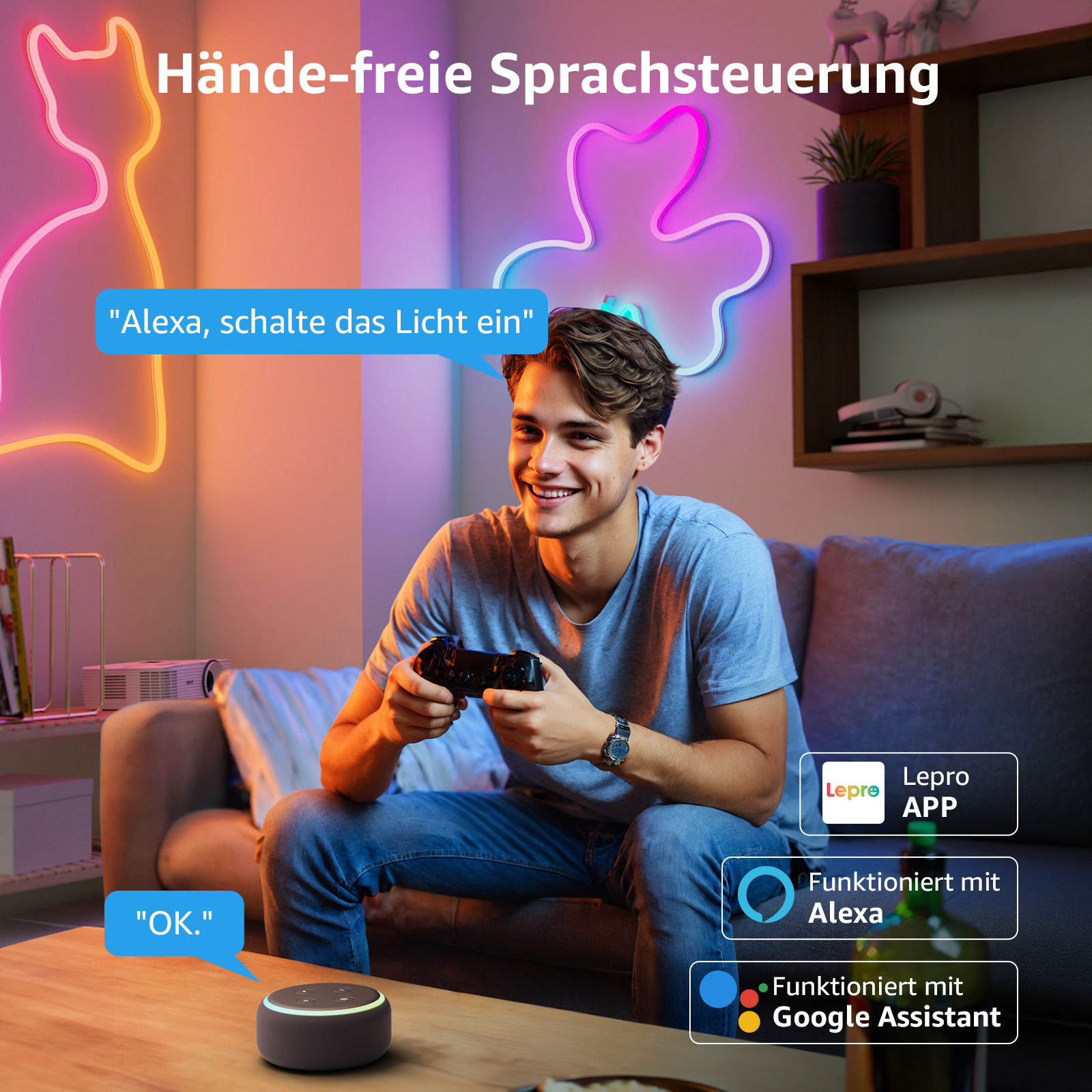 Mann in einem Wohnzimmer, der die Sprachsteuerung zum Einschalten des Lichts verwendet. Alexa-Lautsprecher steht auf dem Tisch.