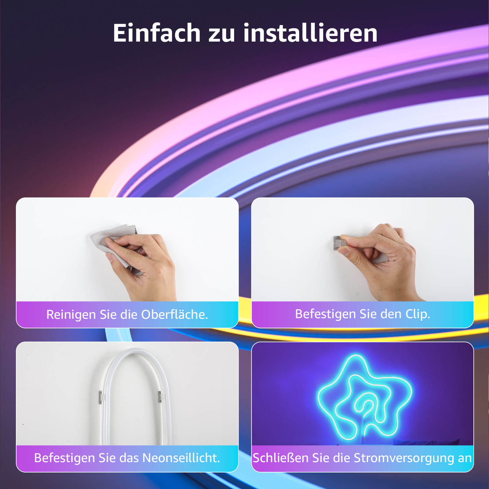 Bildsequenz, die Schritte zur Installation einer Neonleuchte zeigt. Enthält Reinigung, Clippen und Anschließen.