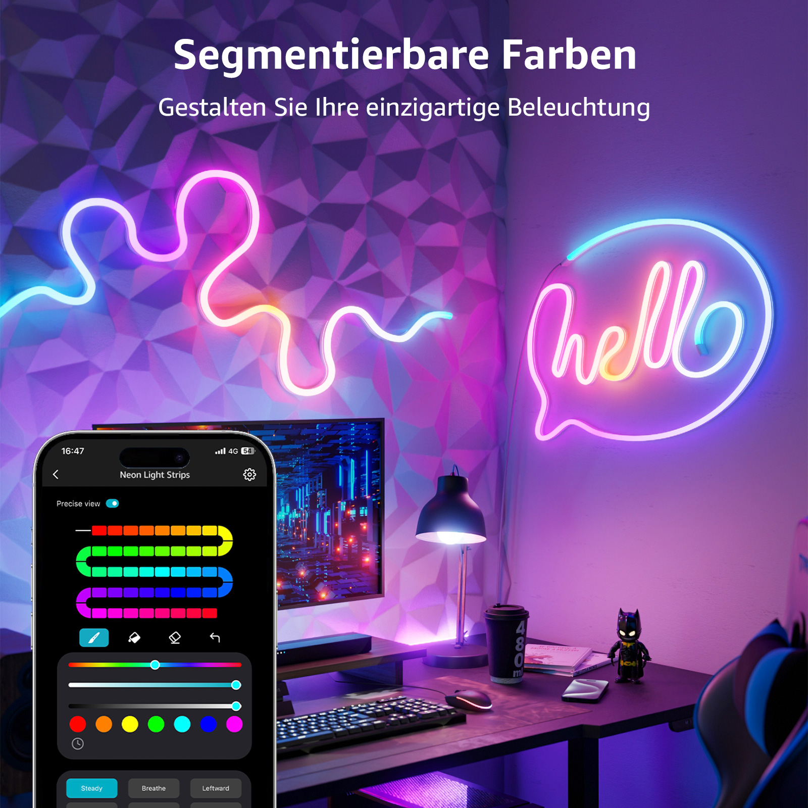 Zimmer mit Neonlichtern in Form einer Blume und einer Sprechblase und einem Telefon mit Farbeinstellungen.