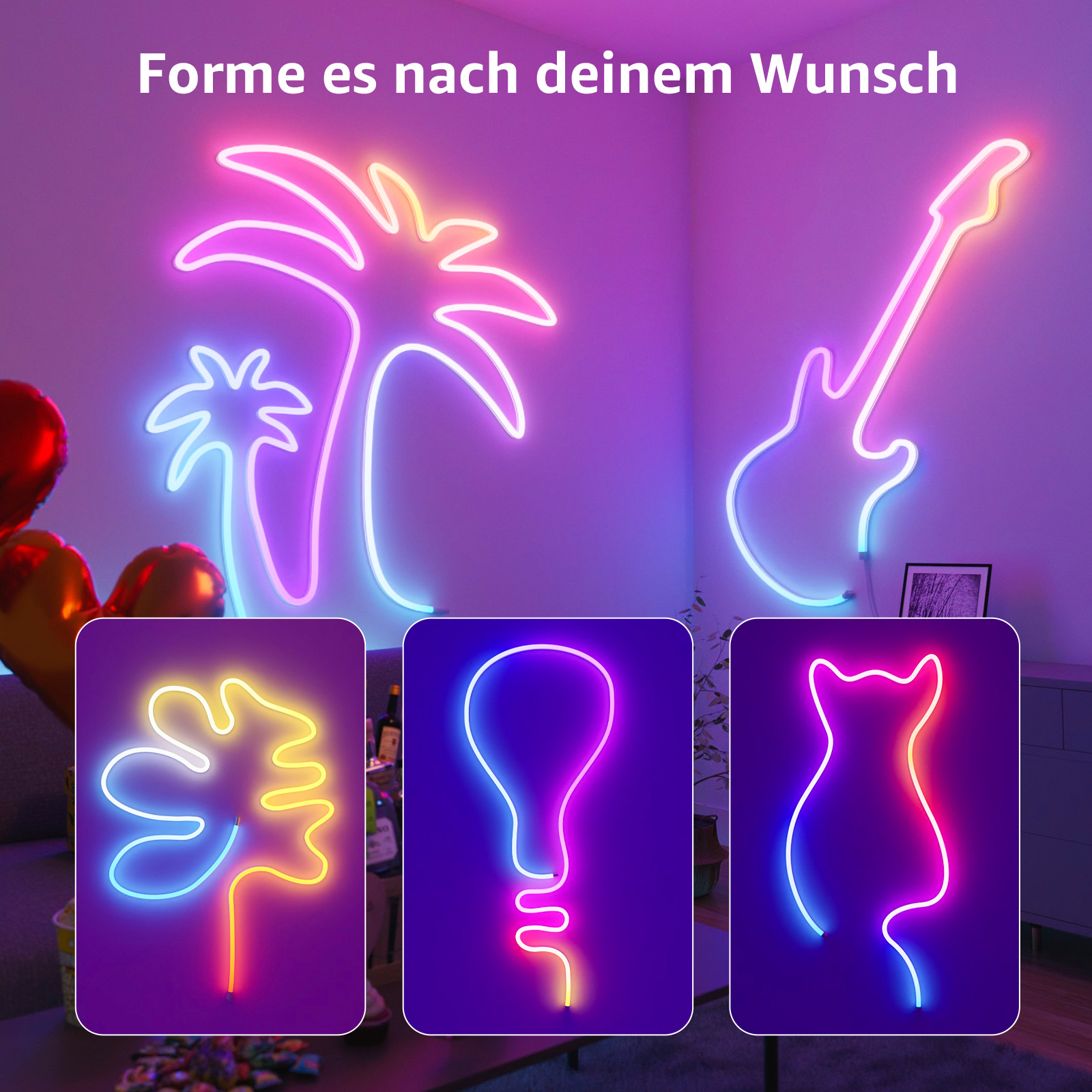 Neon-Schilder in verschiedenen Formen und Farben, an lila Wand.
