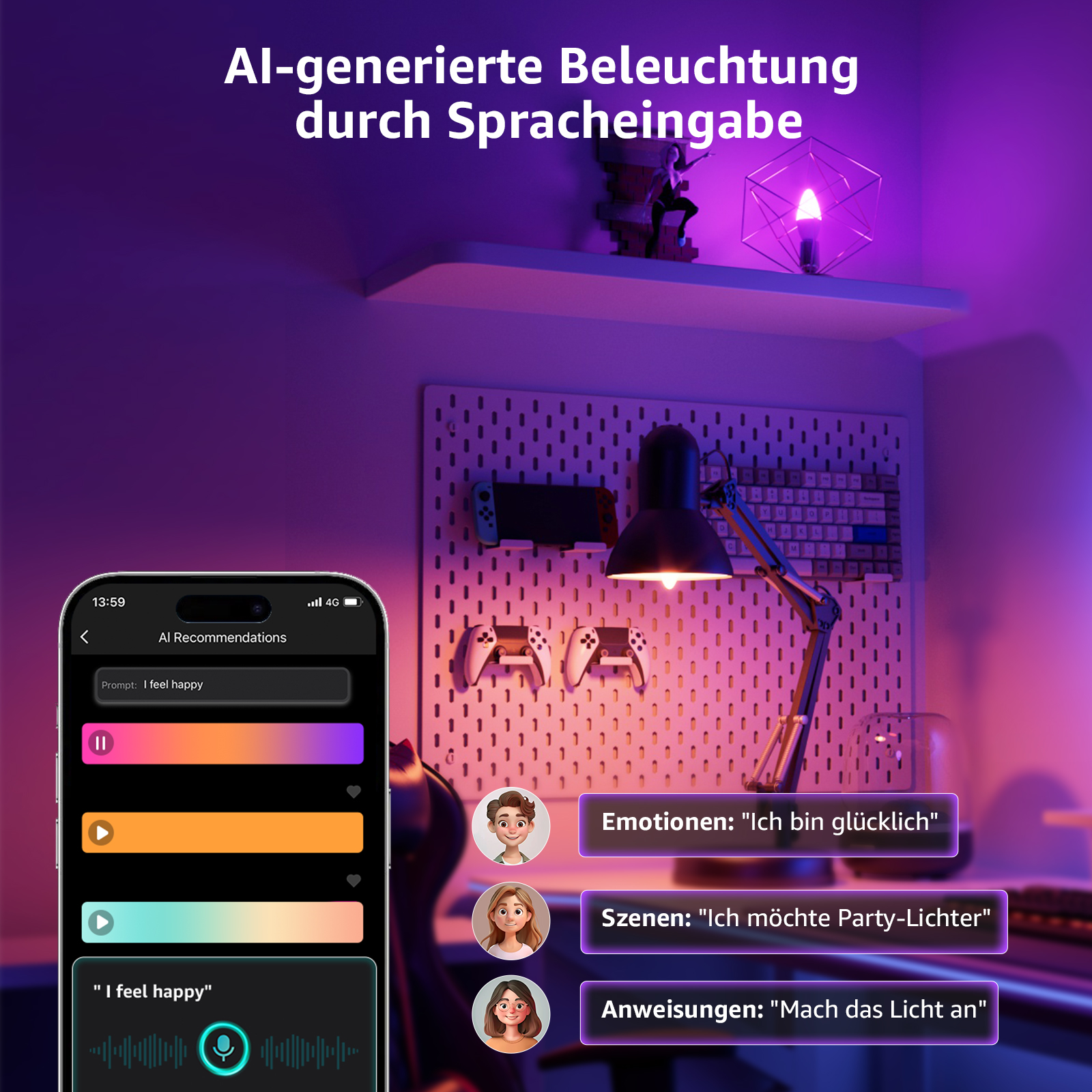 Zimmer mit intelligenter Beleuchtung, gesteuert durch eine Telefon-App. Zeigt Emotionen und Szeneneinstellungen.
