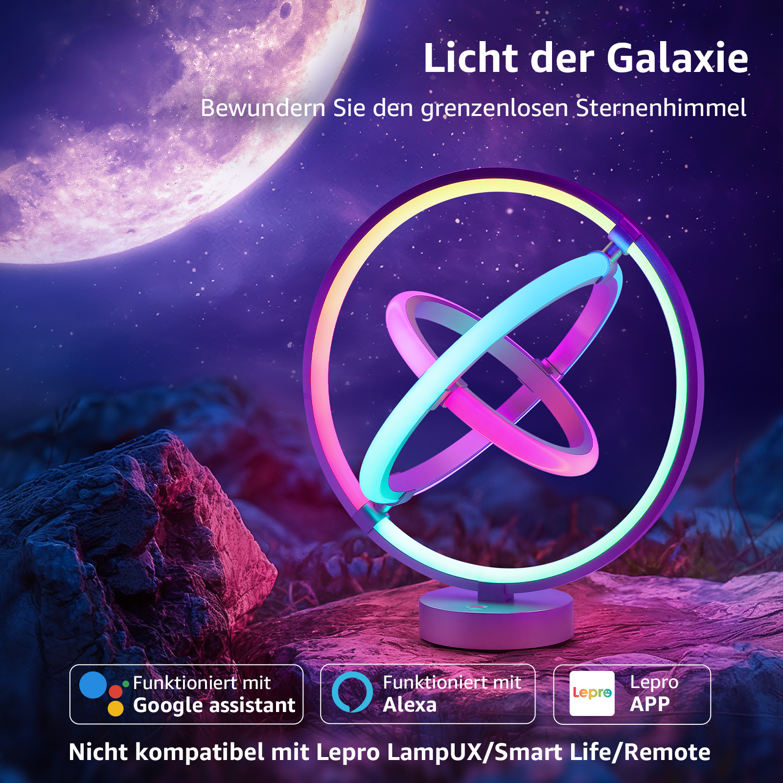 Moderne Lampe mit Ringdesign, beleuchtet mit bunten Lichtern, vor einem Galaxiehintergrund.