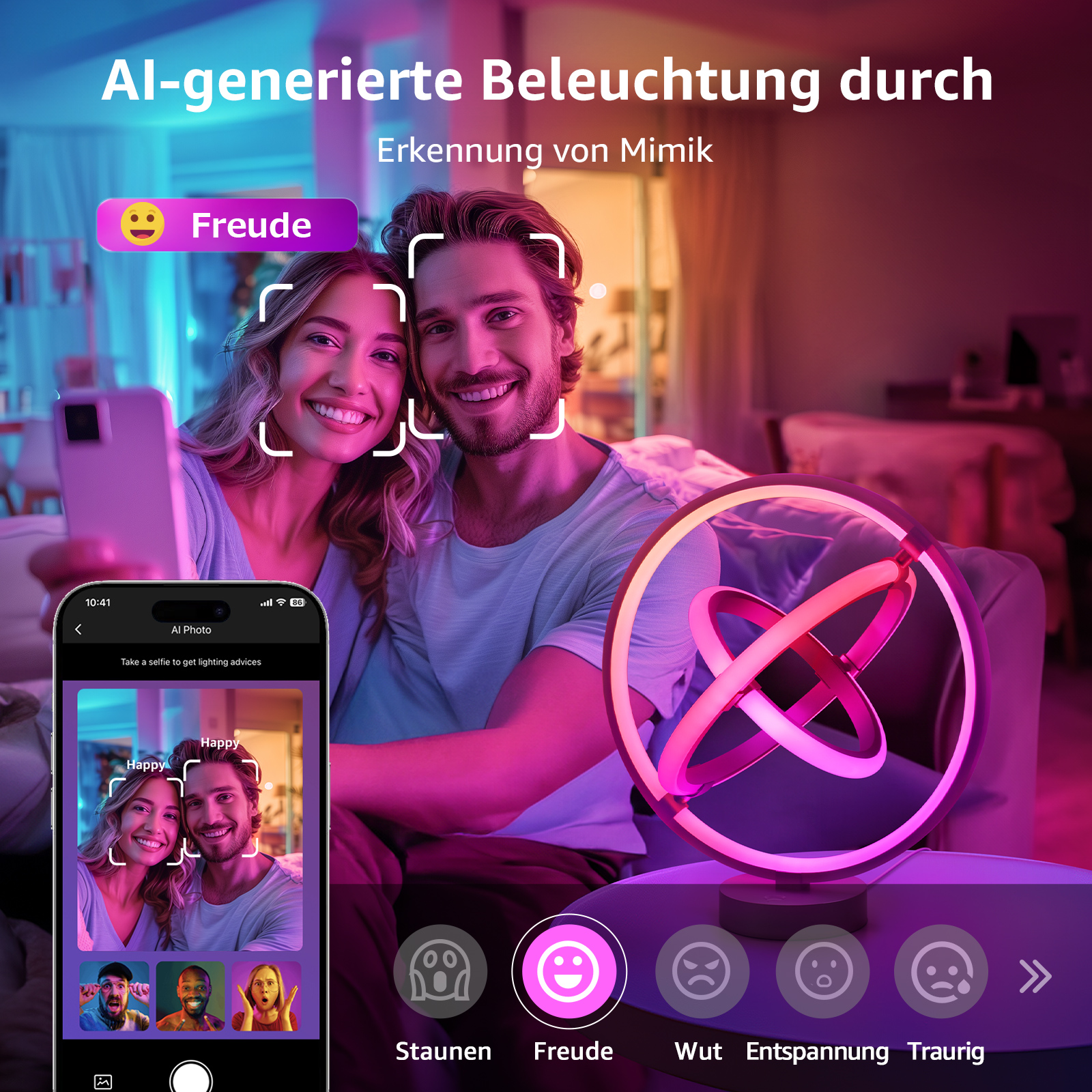 Paar lächelt bei Licht, Telefon zeigt Gesichter. Text: KI-gesteuerte Beleuchtung.