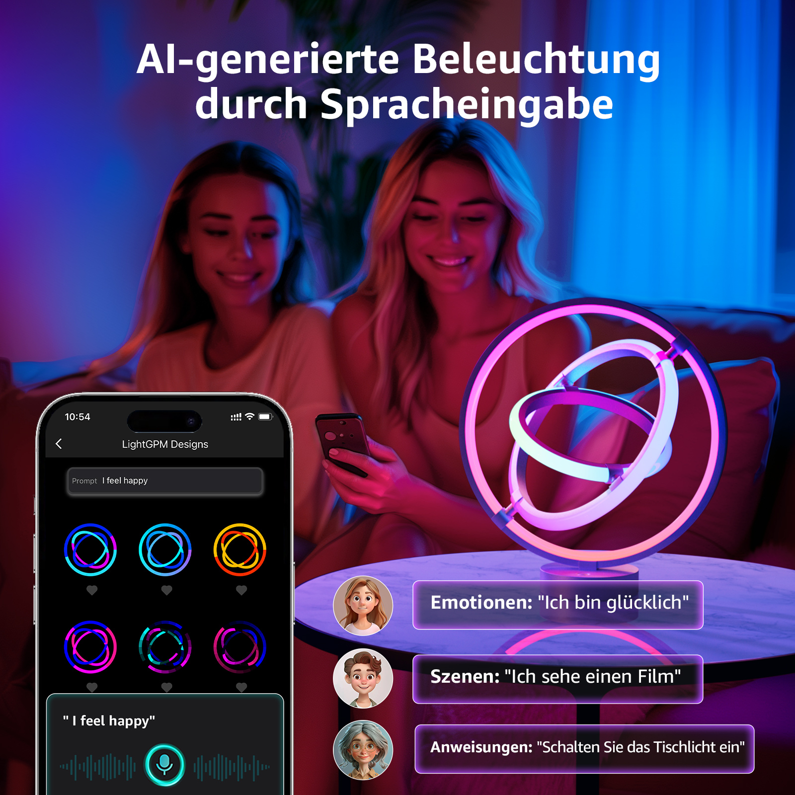 Smartphone mit App-UI, zwei Frauen und einer leuchtenden Leuchte. Text sagt 'Ich fühle mich glücklich'.