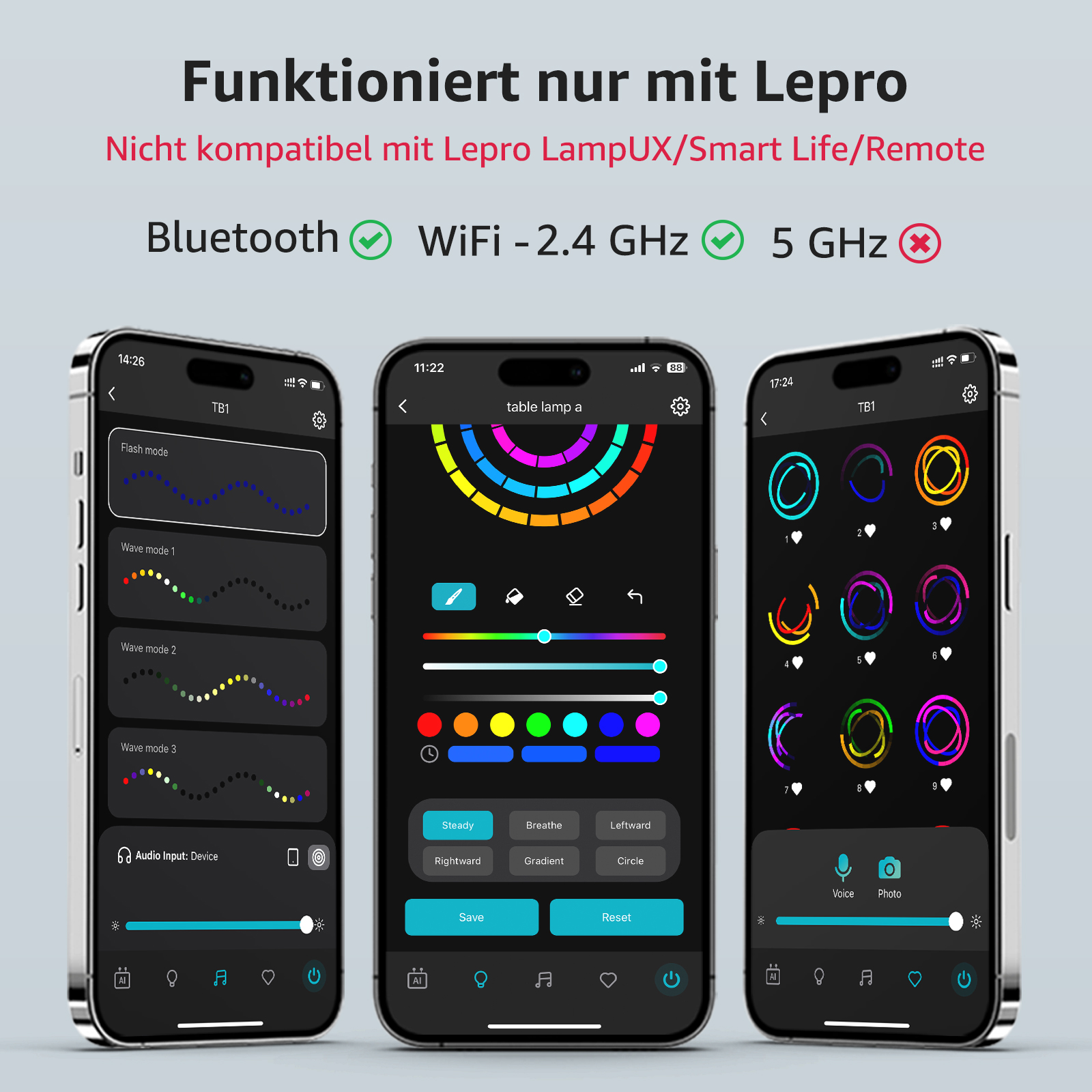 Drei Smartphones mit Benutzeroberflächen für die Lichtsteuerung. Text: Funktioniert nur mit Lepro. Bluetooth- und WiFi-Optionen.