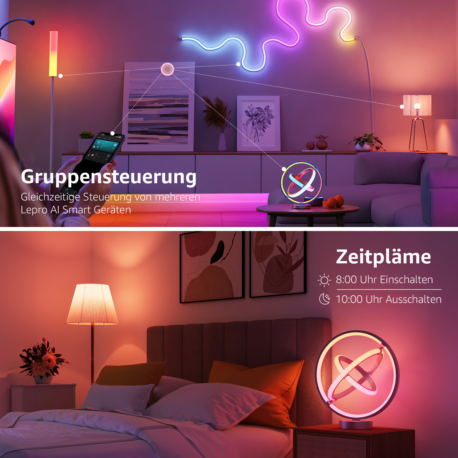Zwei Bilder, eines zeigt Smart-Home-Setup mit Lichtern, das andere ein Schlafzimmer.
