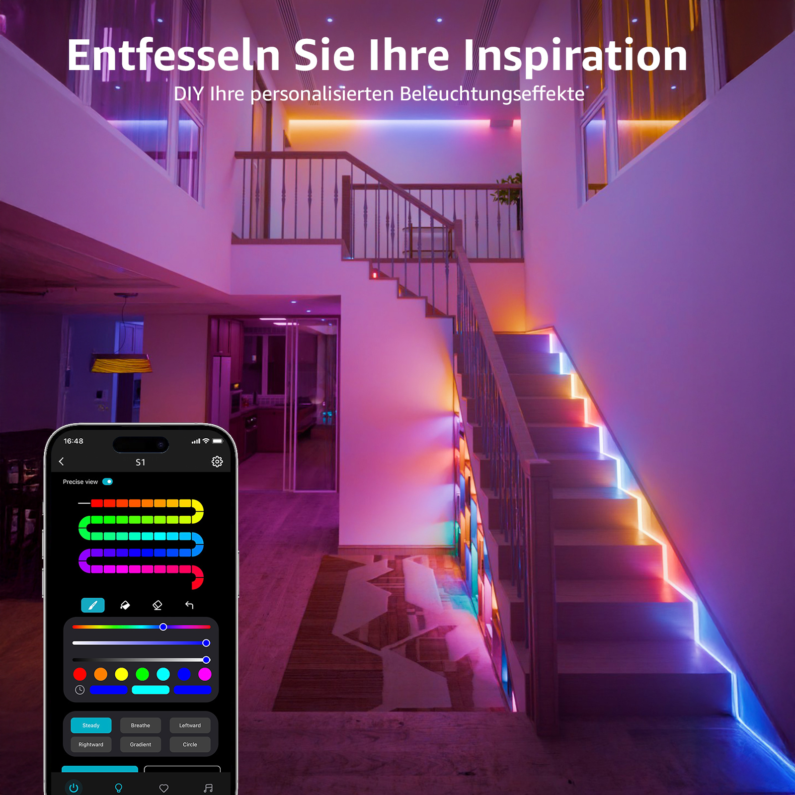 Treppe mit bunten LED-Leuchten. Ein Smartphone zeigt eine App.