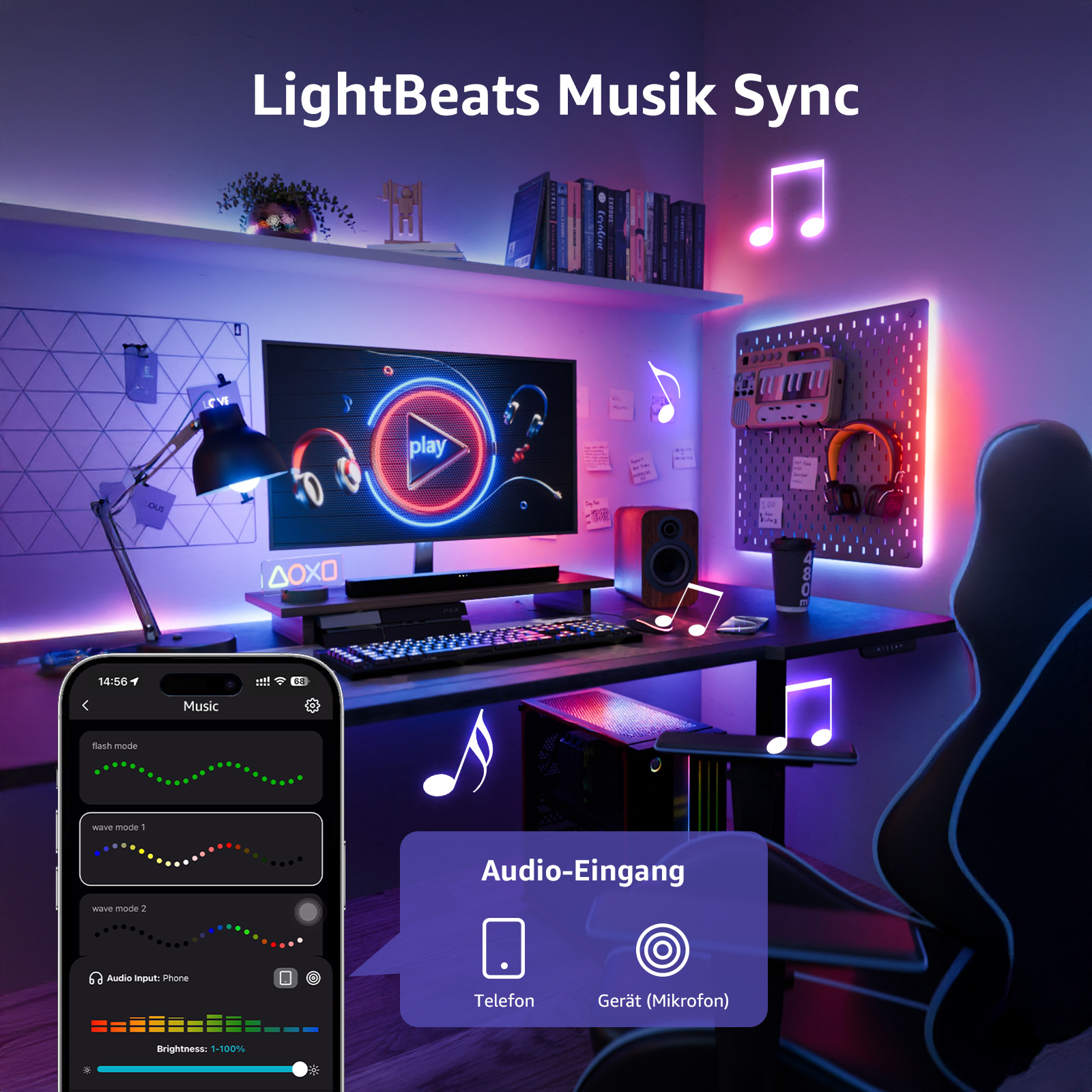 Ein Computer-Setup, das Musiksteuerungen auf einem Telefonbildschirm anzeigt. Der Schreibtisch wird von Neonlichtern und Noten beleuchtet.