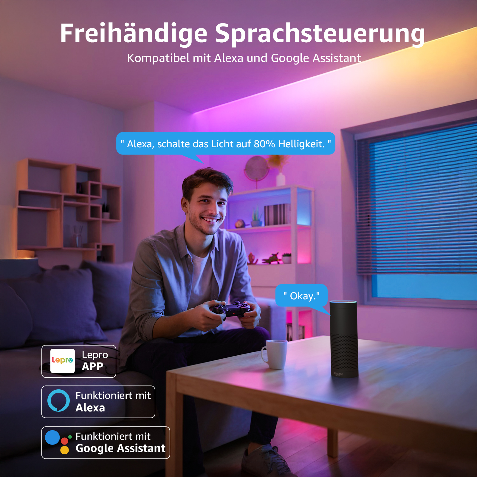 Mann spielt Videospiel mit Controller. Sprechblasen und Smart Speaker auf Holztisch.