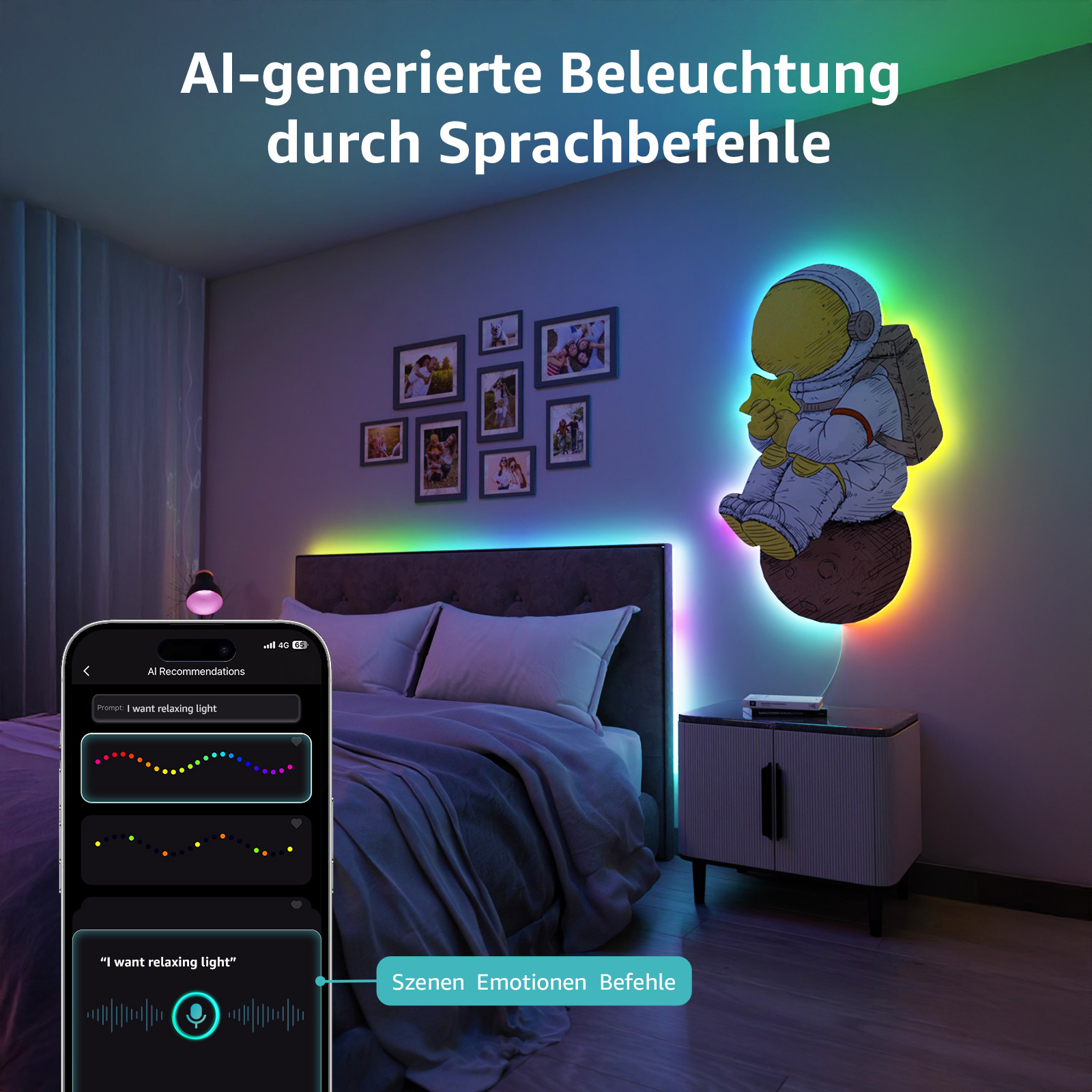 Raumszene mit intelligenten Lichtern, die von einem Telefon gesteuert werden. Astronautenlampe und farbige Lichtstreifen sind sichtbar.