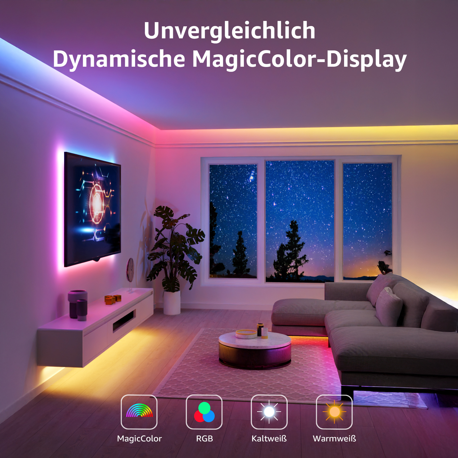 Ein Wohnzimmer mit farbenfroher LED-Beleuchtung. Ein Fernseher, Sofa und Fenster sind sichtbar.