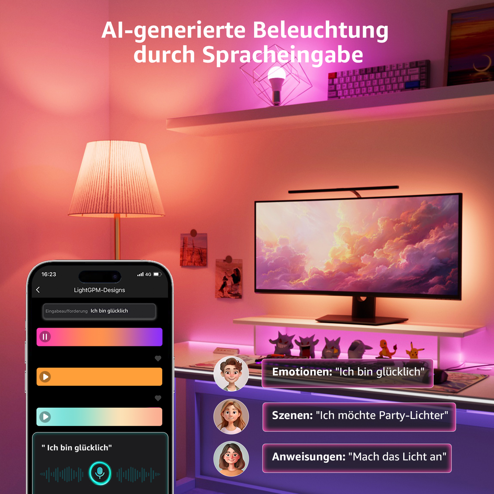 Smart Home-Setup. Zeigt einen Bildschirm mit App und einer Lampe. Text: KI-generierte Beleuchtung durch Spracheingabe.