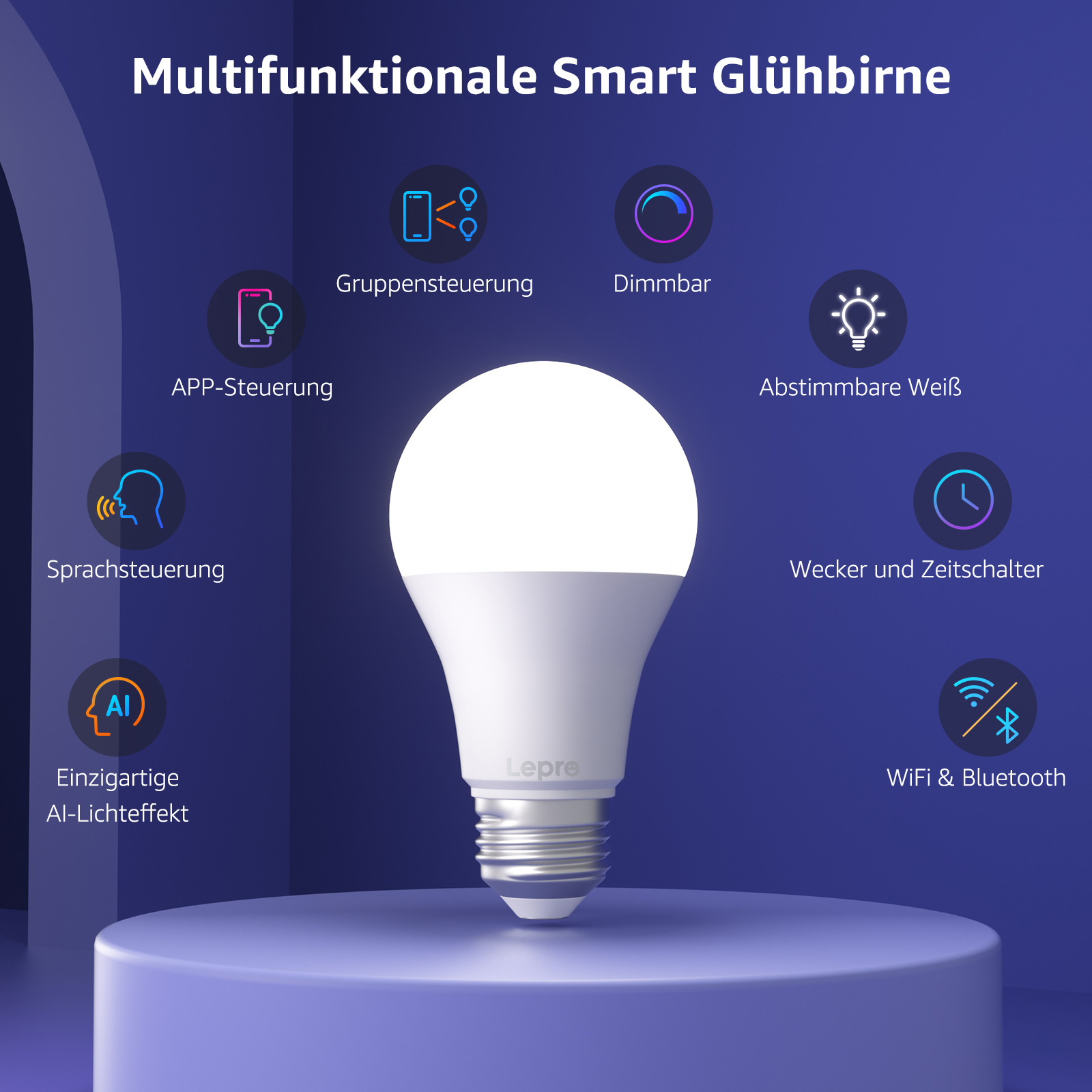 Weiße Glühbirne umgeben von Symbolen, die Smart-Home-Funktionen anzeigen, violetter Hintergrund.
