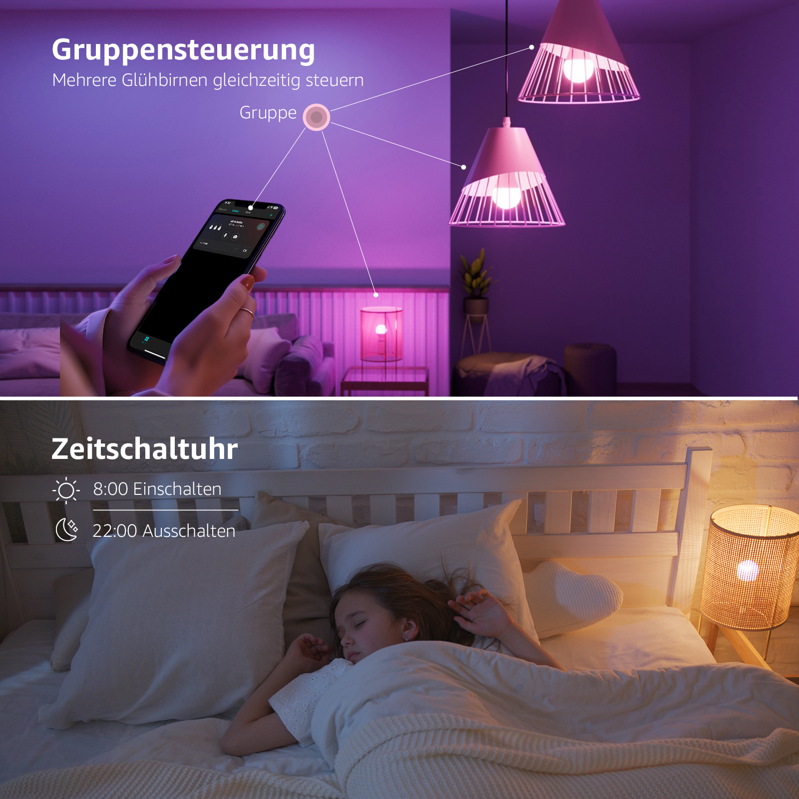 Zweiteiliges Bild: App auf dem Telefon steuert Lichter und schlafende Person mit intelligenter Lampe.