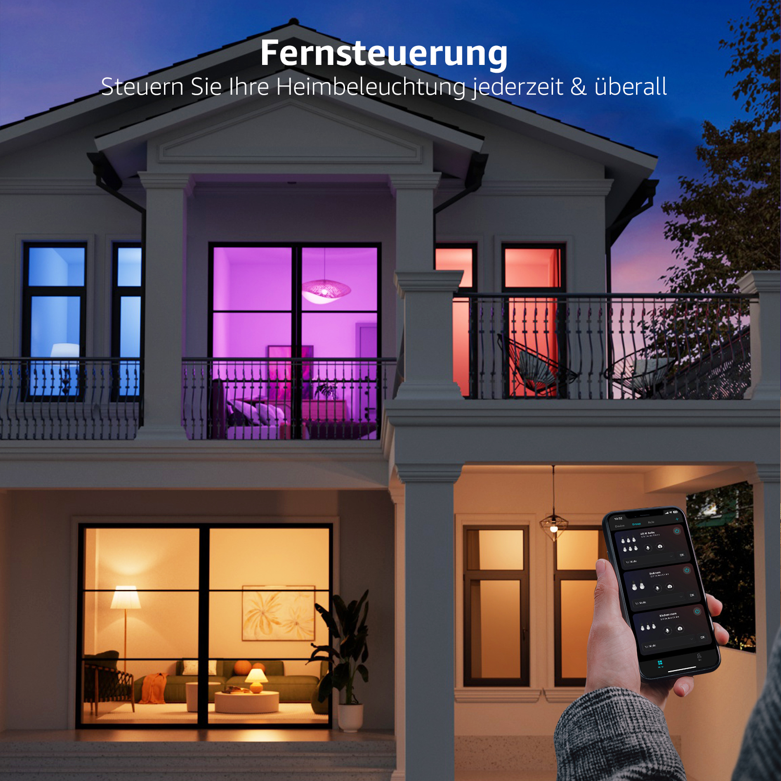 Smart Home mit eingeschalteten Lichtern, gesteuert über eine Smartphone-Oberfläche.