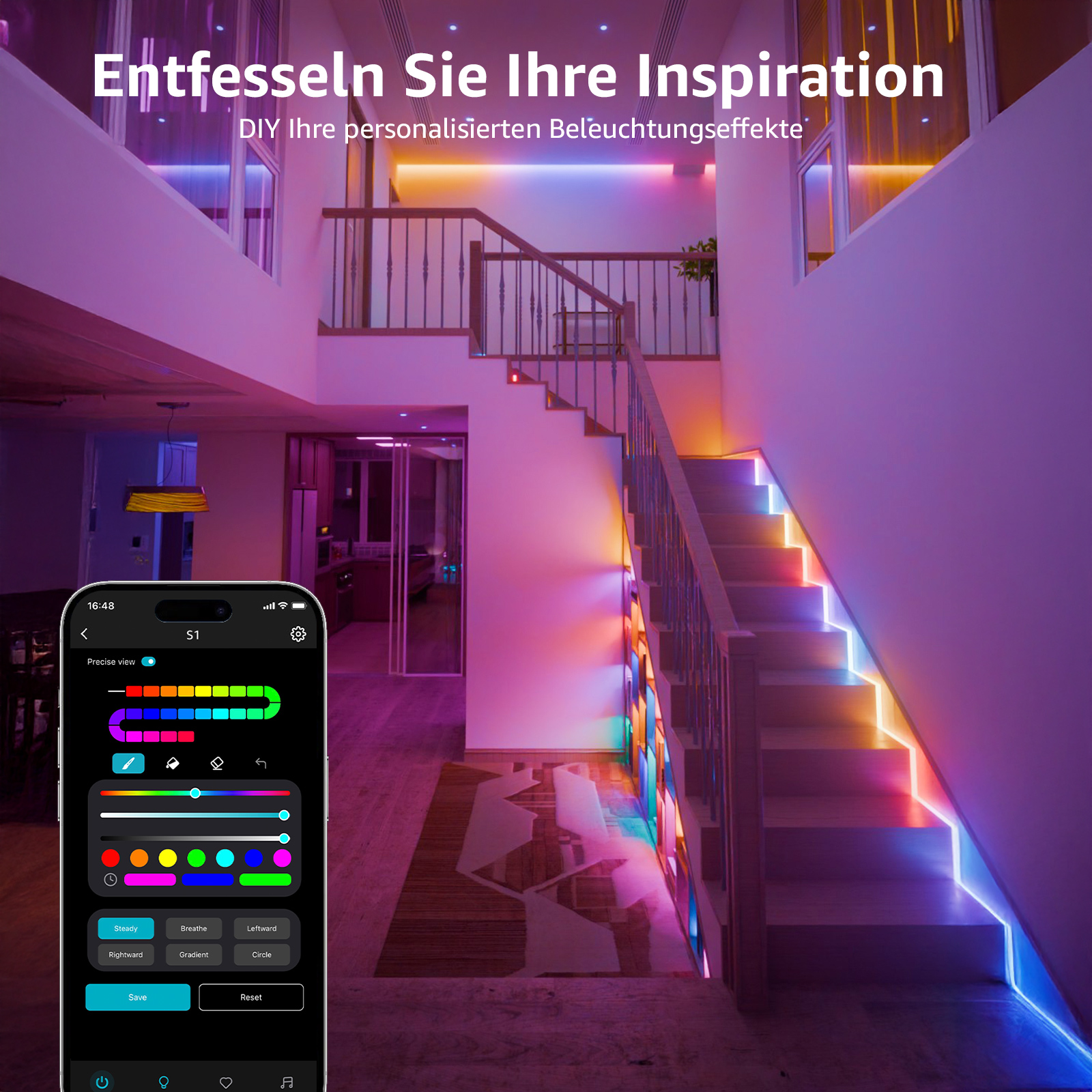 Treppe mit bunten LED-Leuchten. Smartphone mit Steuerungs-App links. Modernes Interieur.